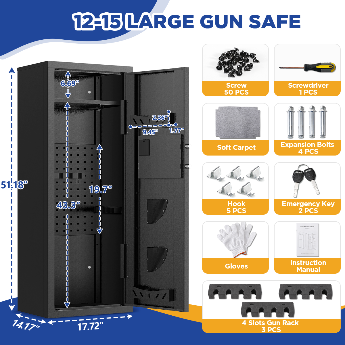 SYSENFO 12-15 Gun Cabinet, Quick Access Long Gun Safe for Home Rifles and Pistols, Large Unassembled Rifle Safe with Removable Shelves, Digital Keypad, Pegboard