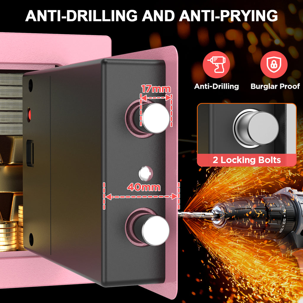 TNTANTS Electronic Digital Safe Box, 0.25 Cubic Feet Home Security Box for Office Hotel Business, Lock Box with Key Keypad for Cash Jewelry Pink