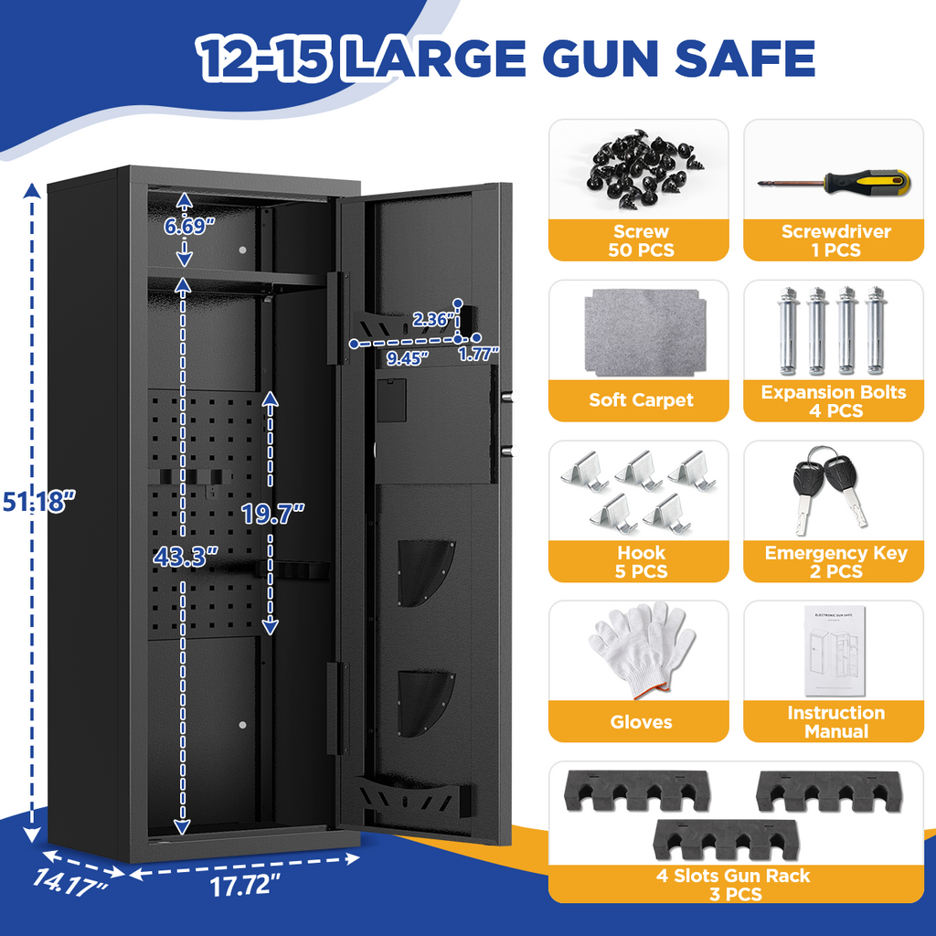 RYCUZO 12-15 Gun Cabinet, Quick Access Long Gun Safe for Home Rifles and Pistols, Large Unassembled Rifle Safe with Removable Shelves, Digital Keypad, Pegboard
