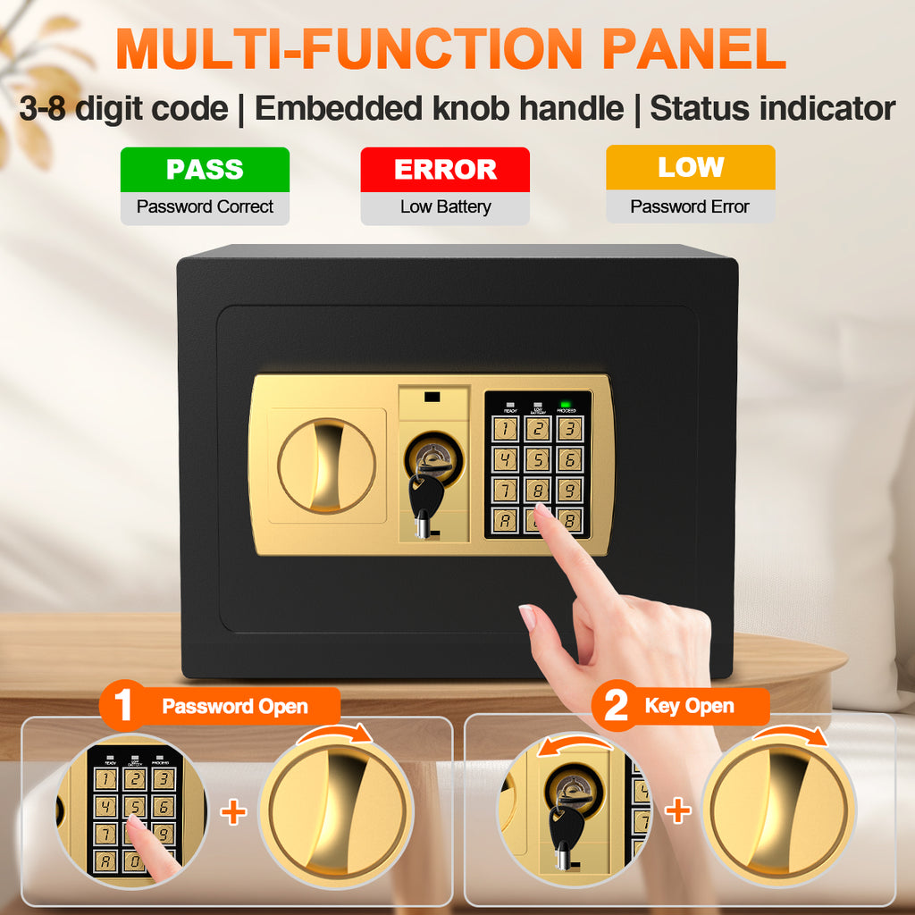 TNTANTS Electronic Digital Safe Box, 0.5 Cubic Feet Home Security Box for Office Hotel Business, Lock Box with Key Keypad for Cash Jewelry Black