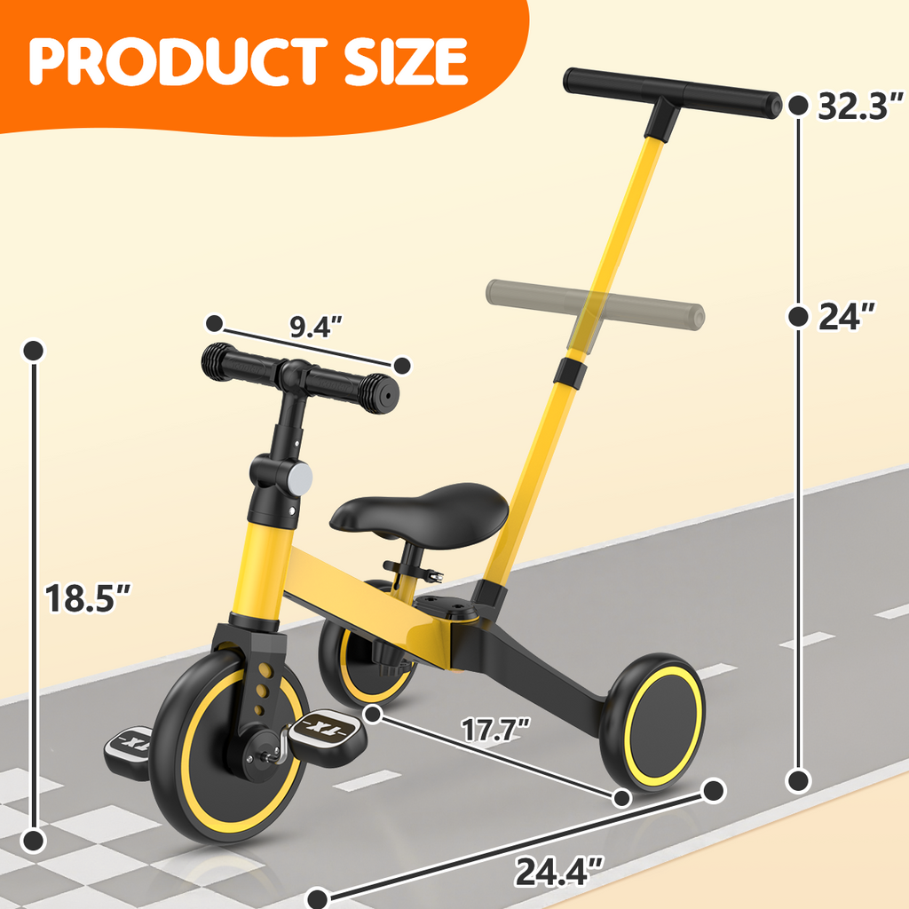 TNTANTS 4 in 1 Toddler Bike, Kids Tricycle for 1-5 Years Old, Toddler Tricycle for Boy Girl, Baby Balance Bike with Parent Steering Push Handle, Removable Pedal, Adjustable Seat Yellow