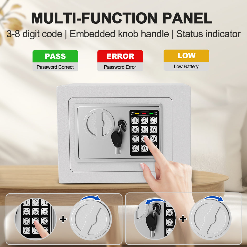 TNTANTS Electronic Digital Safe Box, 0.25 Cubic Feet Home Security Box for Office Hotel Business, Lock Box with Key Keypad for Cash Jewelry White