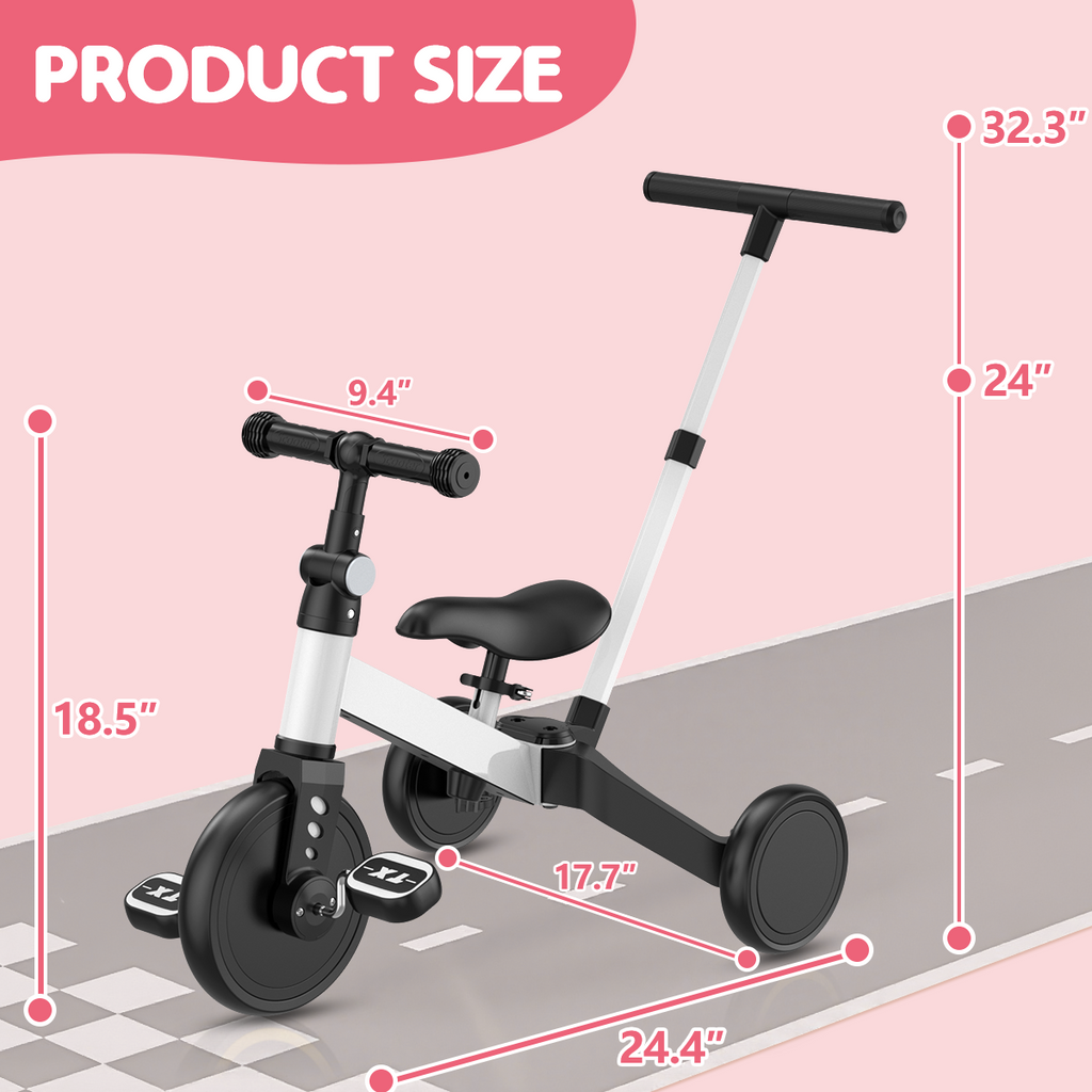 TNTANTS 4 in 1 Toddler Bike, Kids Tricycle for 1-5 Years Old, Toddler Tricycle for Boy Girl, Baby Balance Bike with Parent Steering Push Handle, Removable Pedal, Adjustable Seat White