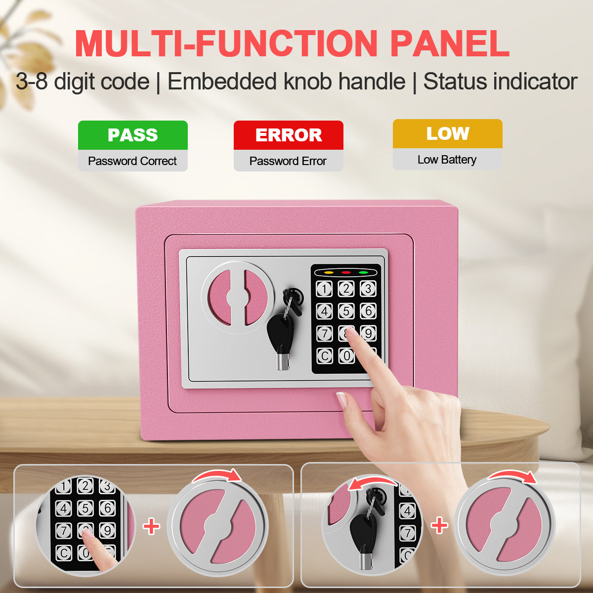 TNTANTS Electronic Digital Safe Box, 0.25 Cubic Feet Home Security Box for Office Hotel Business, Lock Box with Key Keypad for Cash Jewelry Pink