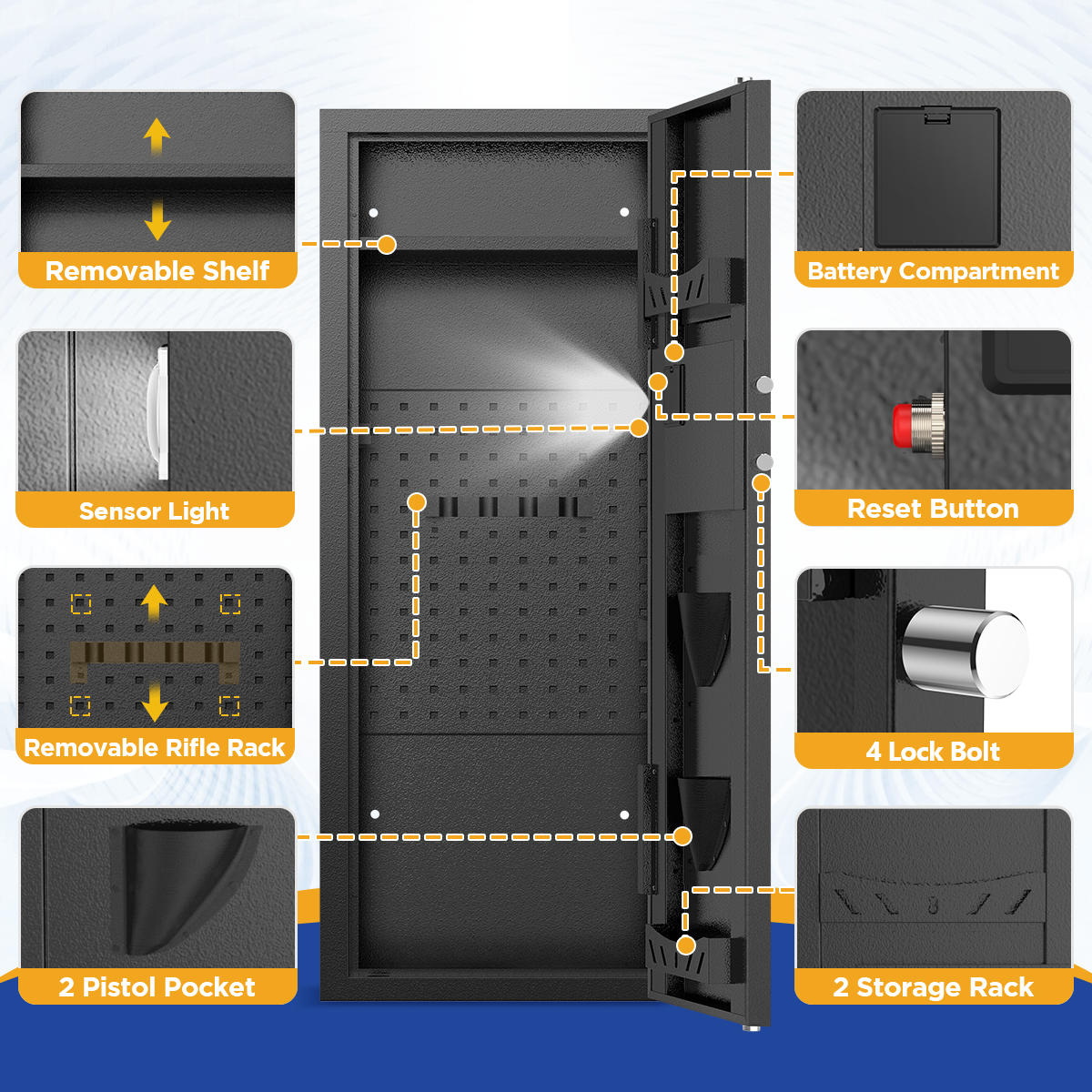 RYCUZO 12-15 Gun Cabinet, Quick Access Long Gun Safe for Home Rifles and Pistols, Large Unassembled Rifle Safe with Removable Shelves, Digital Keypad, Pegboard