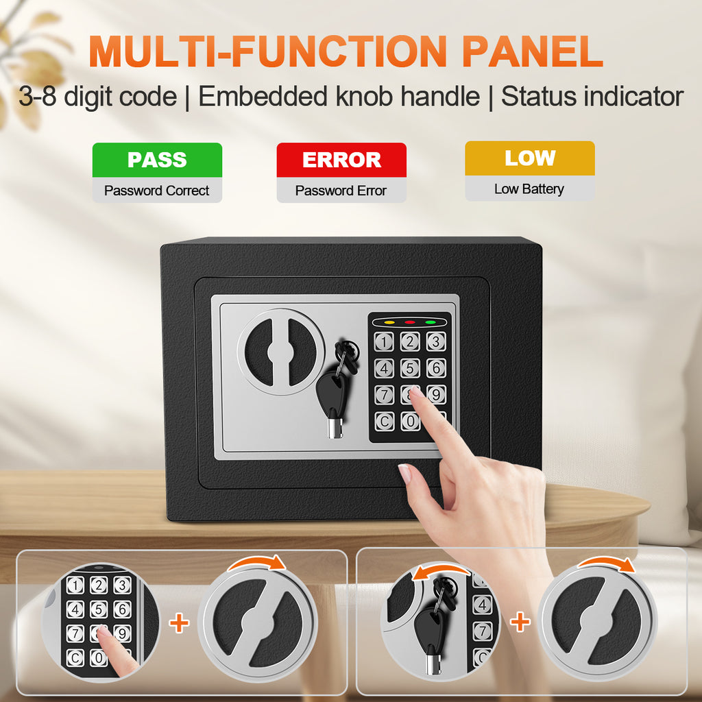 TNTANTS Electronic Digital Safe Box, 0.25 Cubic Feet Home Security Box for Office Hotel Business, Lock Box with Key Keypad for Cash Jewelry Black