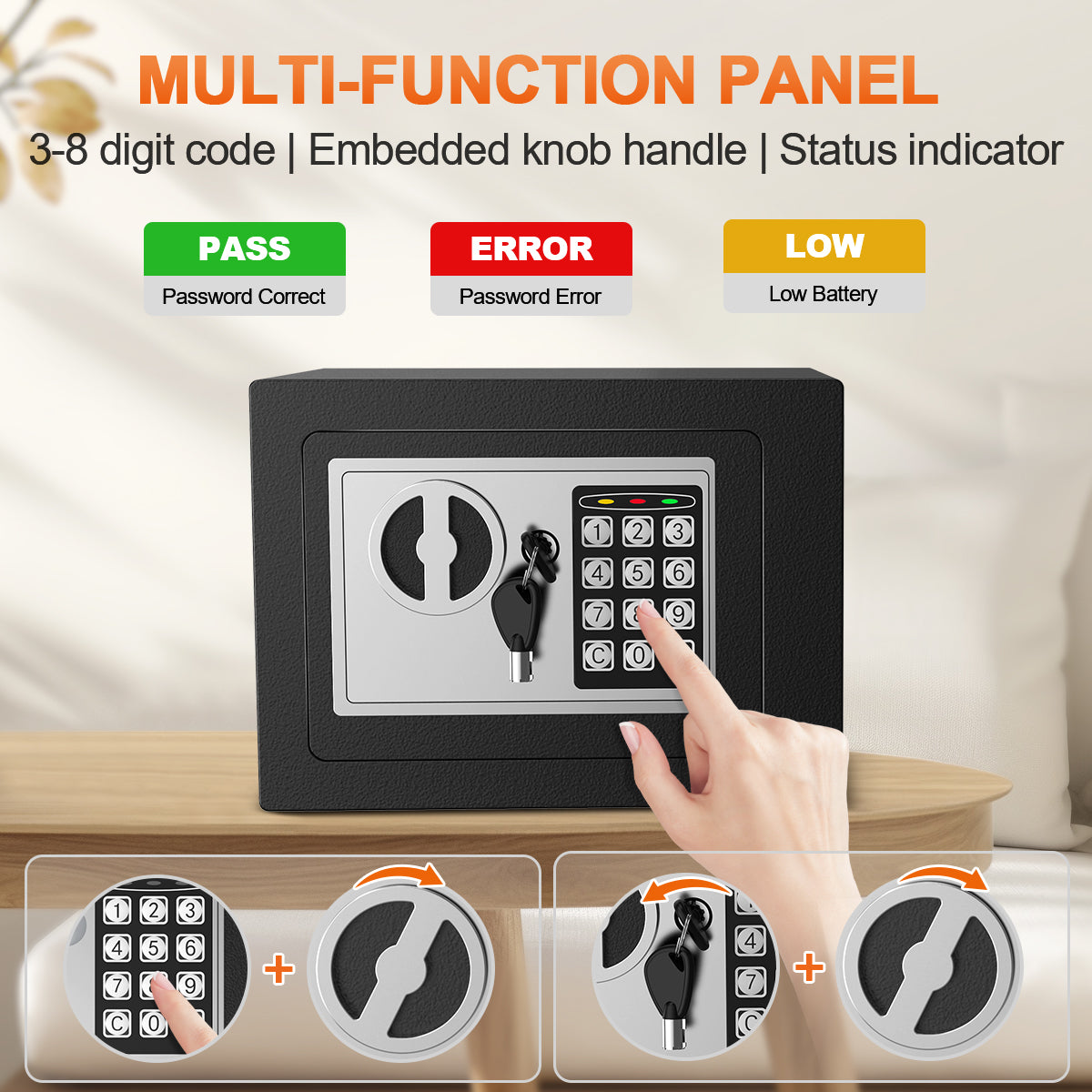 TNTANTS Electronic Digital Safe Box, 0.25 Cubic Feet Home Security Box for Office Hotel Business, Lock Box with Key Keypad for Cash Jewelry Black