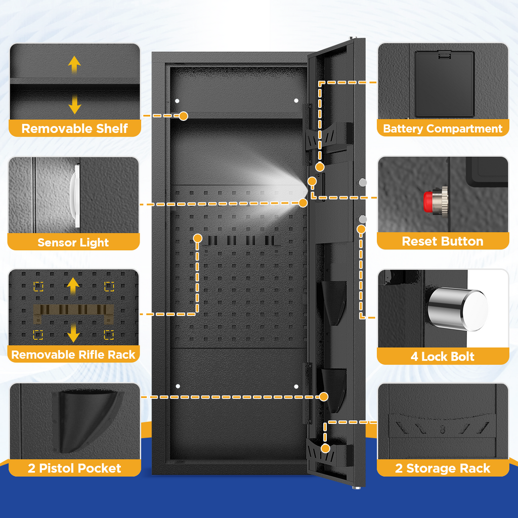 SYSENFO 12-15 Gun Cabinet, Quick Access Long Gun Safe for Home Rifles and Pistols, Large Unassembled Rifle Safe with Removable Shelves, Digital Keypad, Pegboard