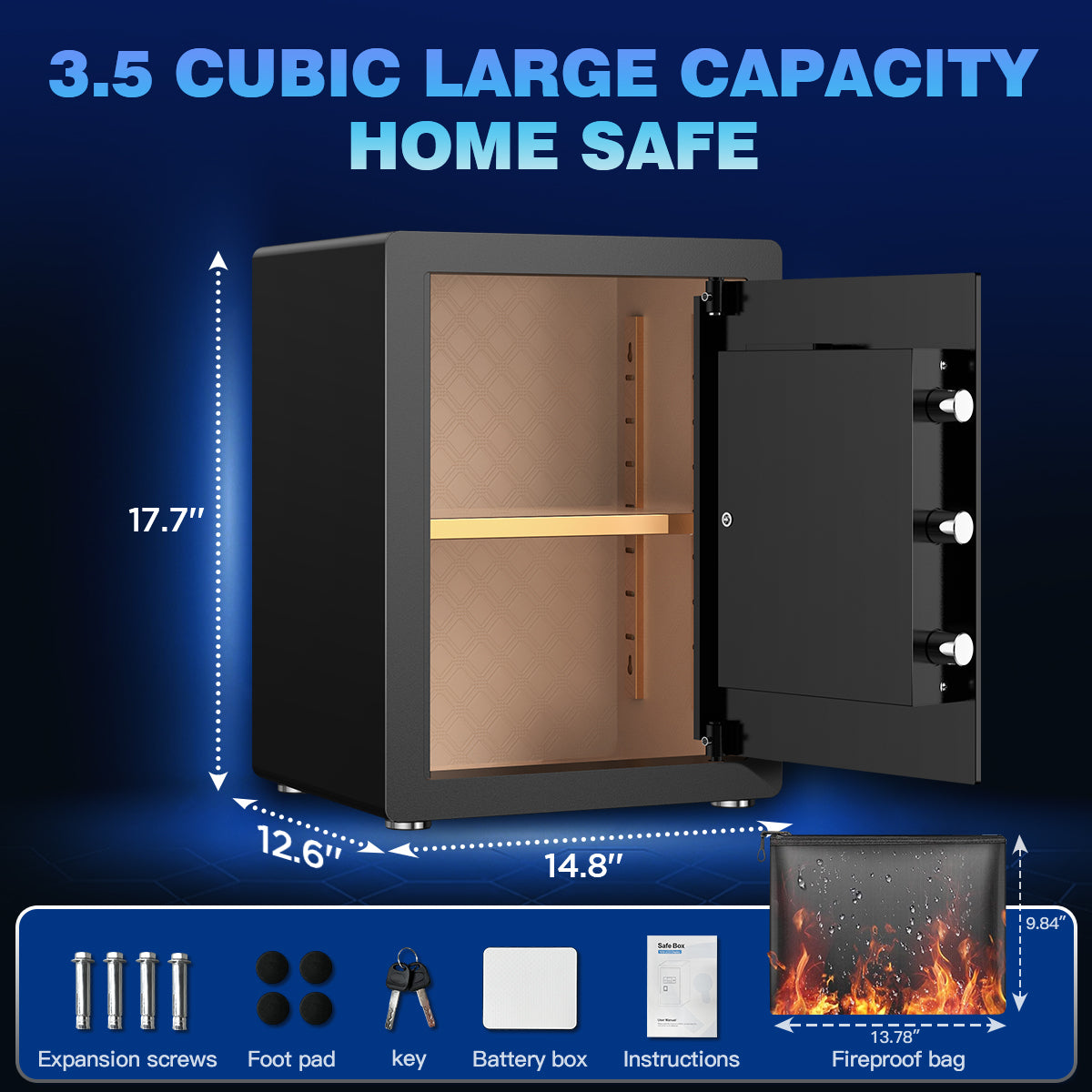Gemaisil 3.5 Cuft Safe Box for Home & Office, Digital Keypad Home Security Safe With Fireproof Waterproof Bag & Adjustable Shelf(Black)