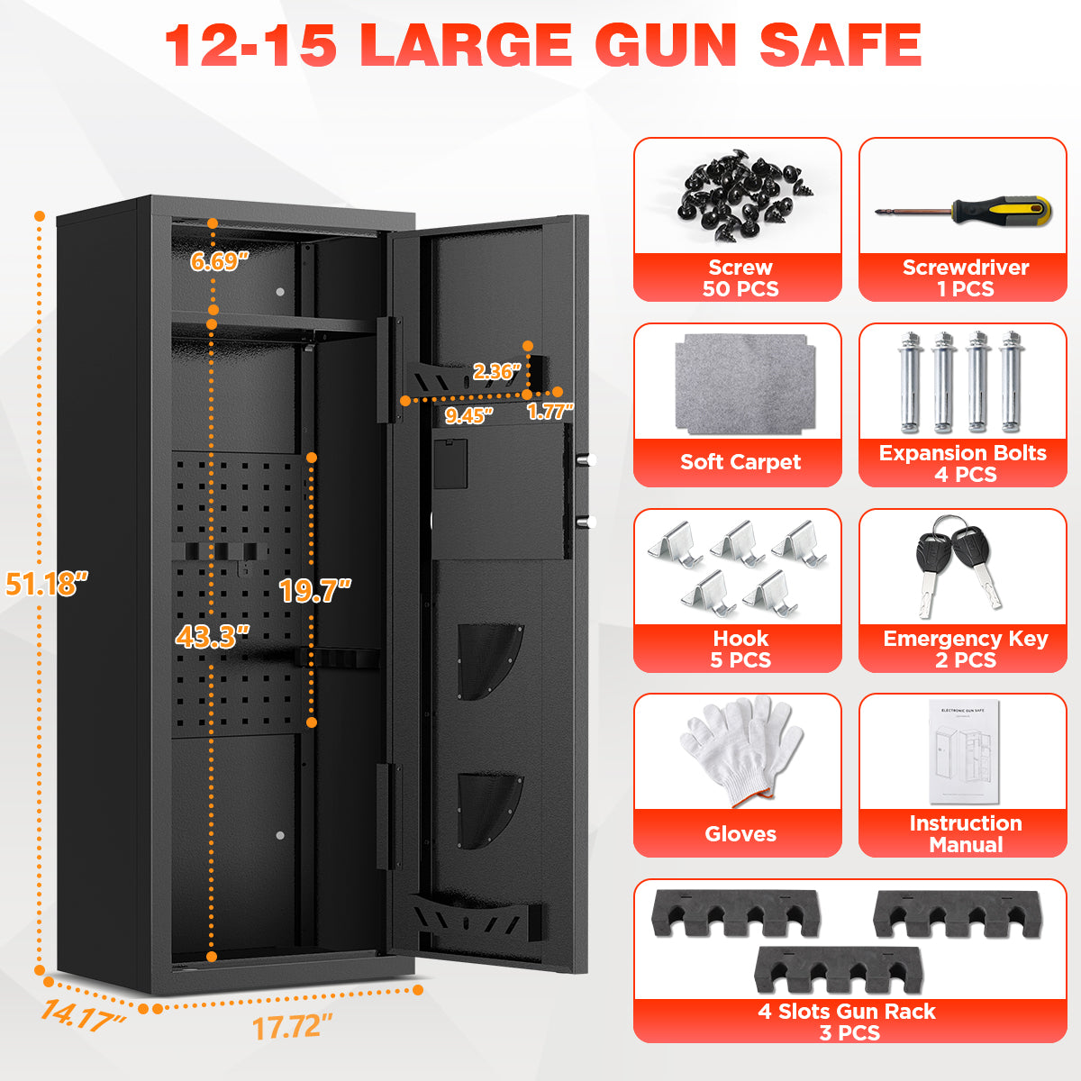 SYSENFO 12-15 Gun Cabinet, Quick Access Long Gun Safe for Home Rifles and Pistols, Large Unassembled Rifle Safe with Removable Shelves, Digital Keypad, Pegboard