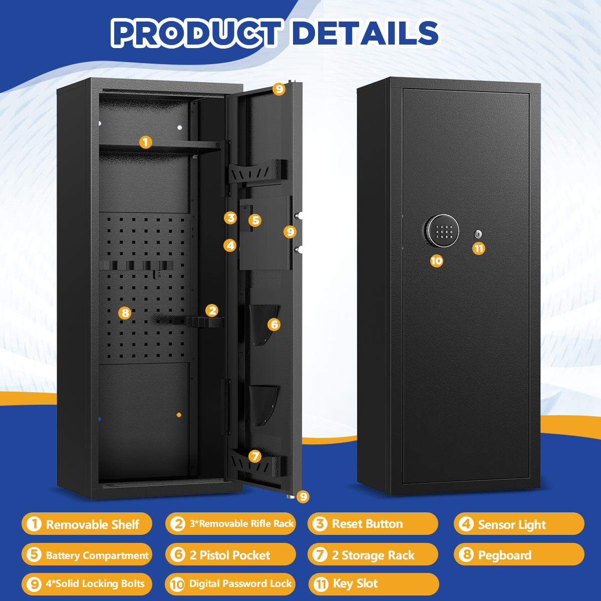 SYSENFO 12-15 Gun Cabinet, Quick Access Long Gun Safe for Home Rifles and Pistols, Large Unassembled Rifle Safe with Removable Shelves, Digital Keypad, Pegboard