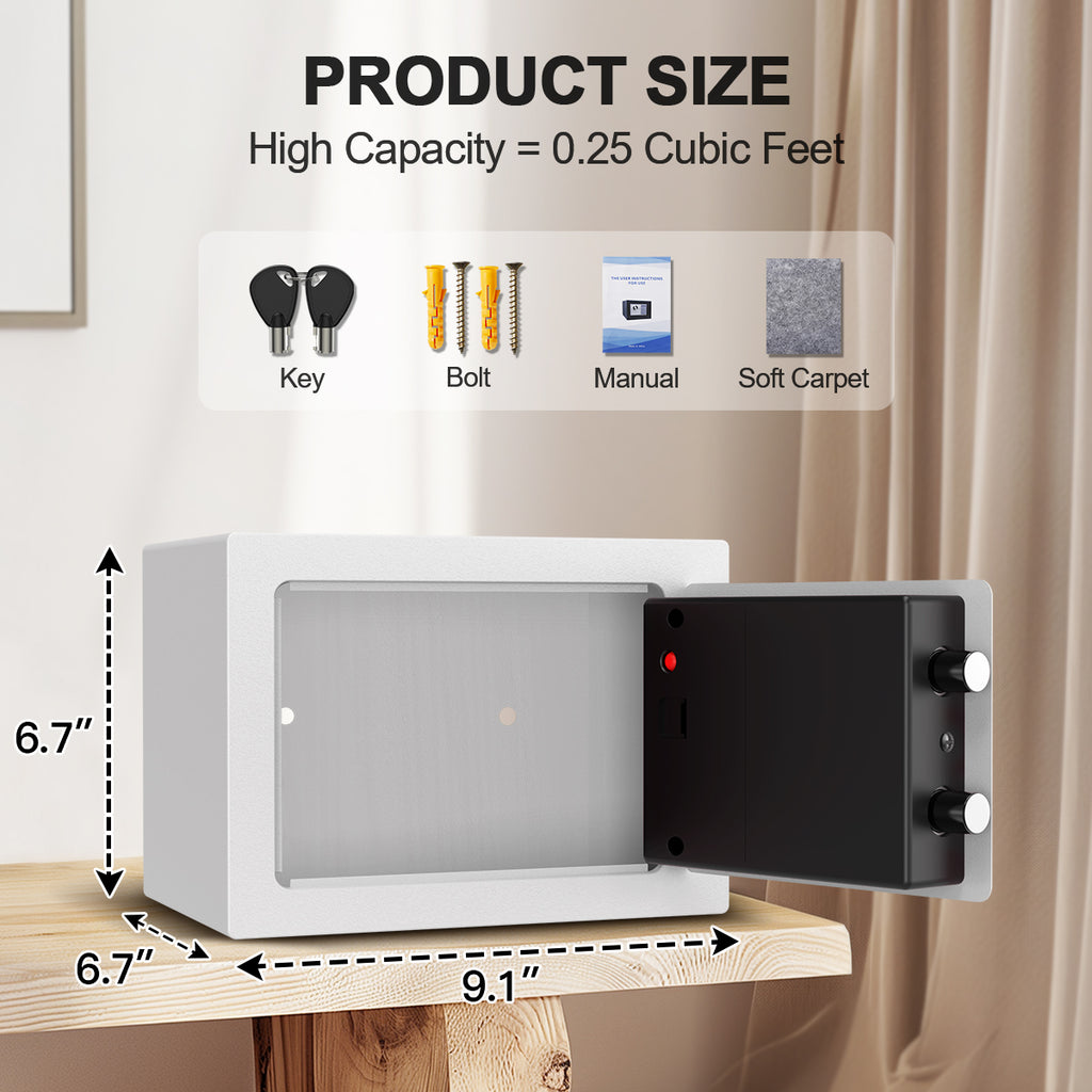 TNTANTS Electronic Digital Safe Box, 0.25 Cubic Feet Home Security Box for Office Hotel Business, Lock Box with Key Keypad for Cash Jewelry White