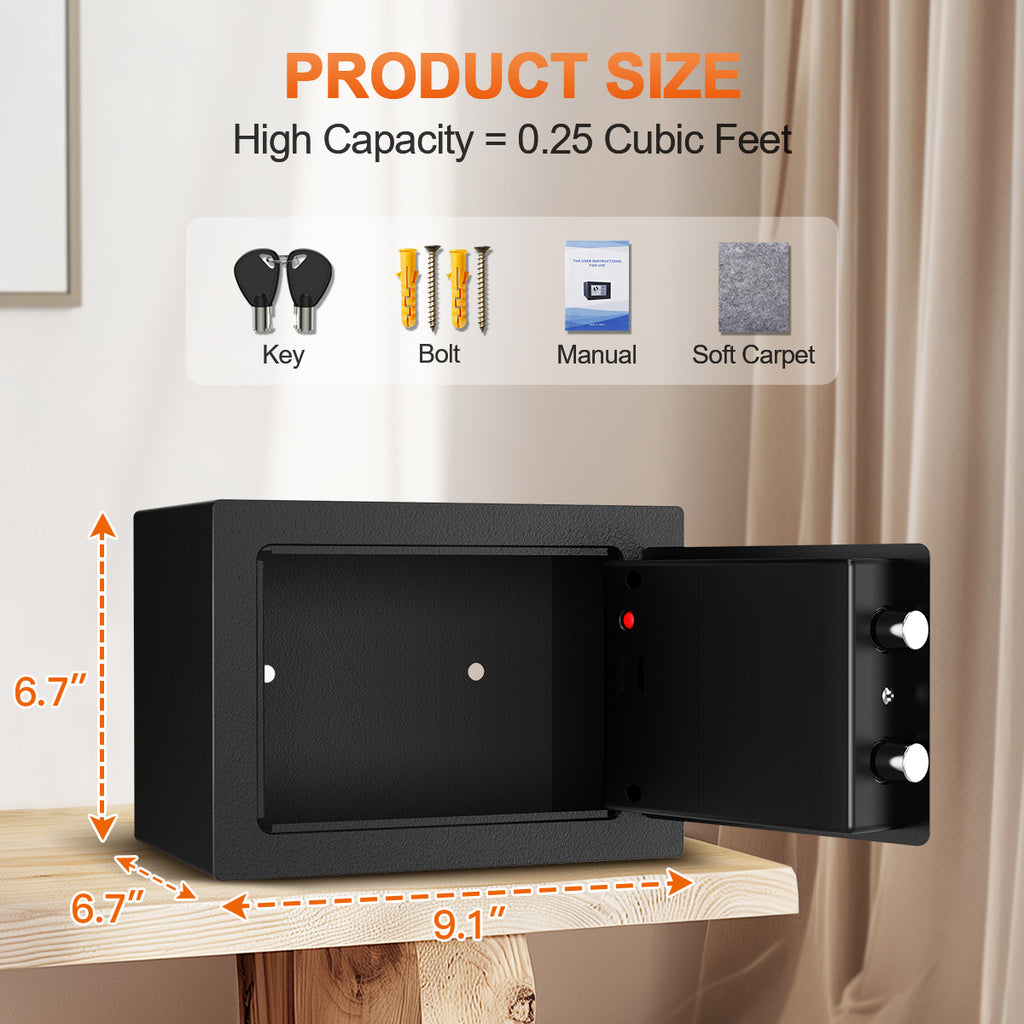 TNTANTS Electronic Digital Safe Box, 0.25 Cubic Feet Home Security Box for Office Hotel Business, Lock Box with Key Keypad for Cash Jewelry Black