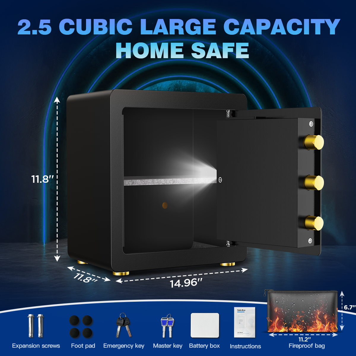 BESAFETY 2.5 Cuft Safe Box, Digital Keypad Home Security Safe With Fireproof Waterproof Bag & Adjustable Shelf