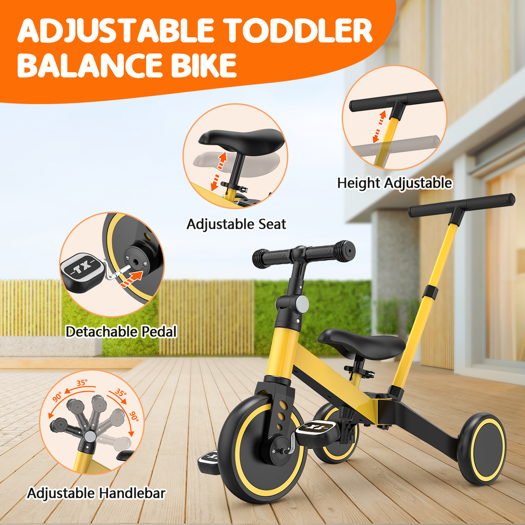 TNTANTS 4 in 1 Toddler Bike, Kids Tricycle for 1-5 Years Old, Toddler Tricycle for Boy Girl, Baby Balance Bike with Parent Steering Push Handle, Removable Pedal, Adjustable Seat Yellow
