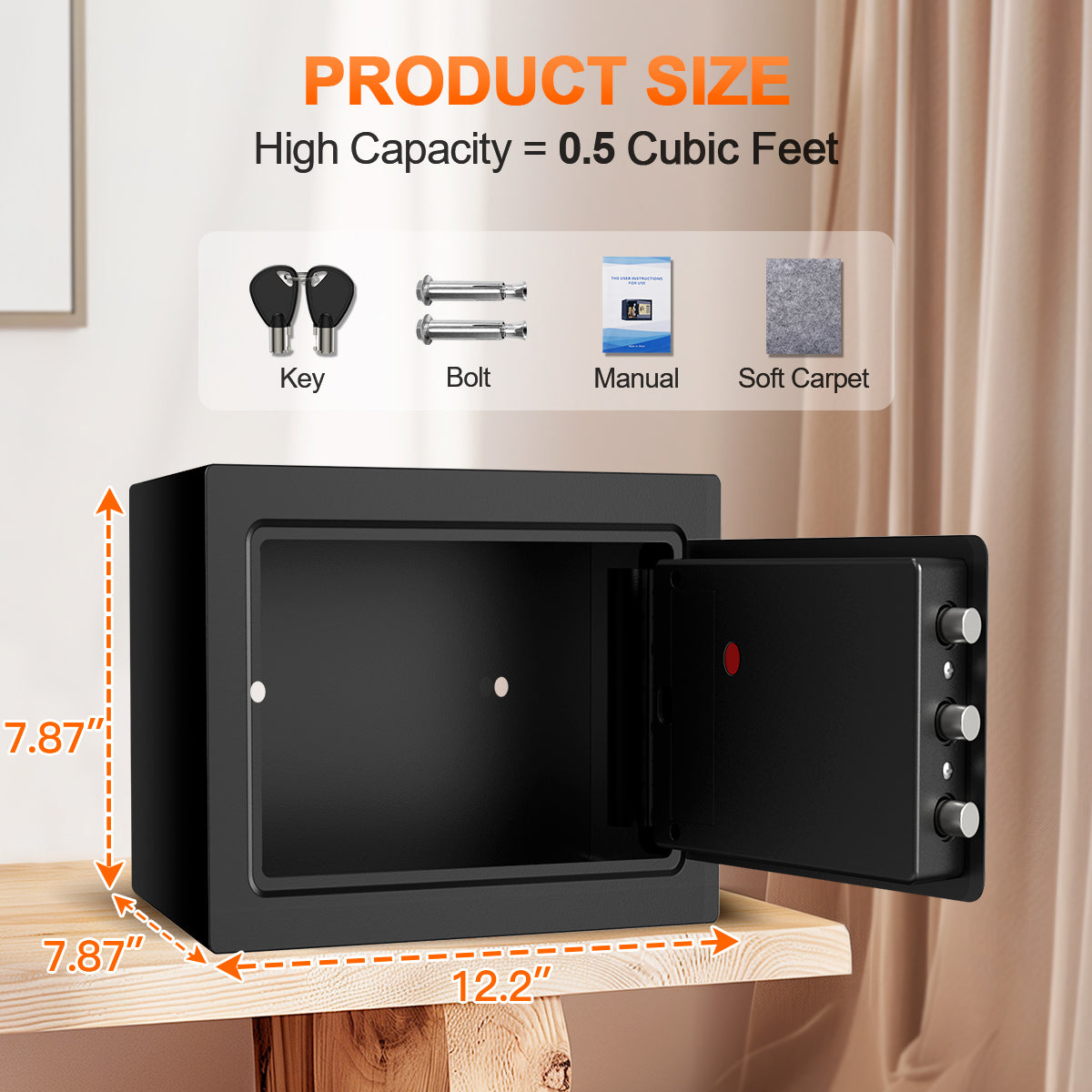 TNTANTS Electronic Digital Safe Box, 0.5 Cubic Feet Home Security Box for Office Hotel Business, Lock Box with Key Keypad for Cash Jewelry Black