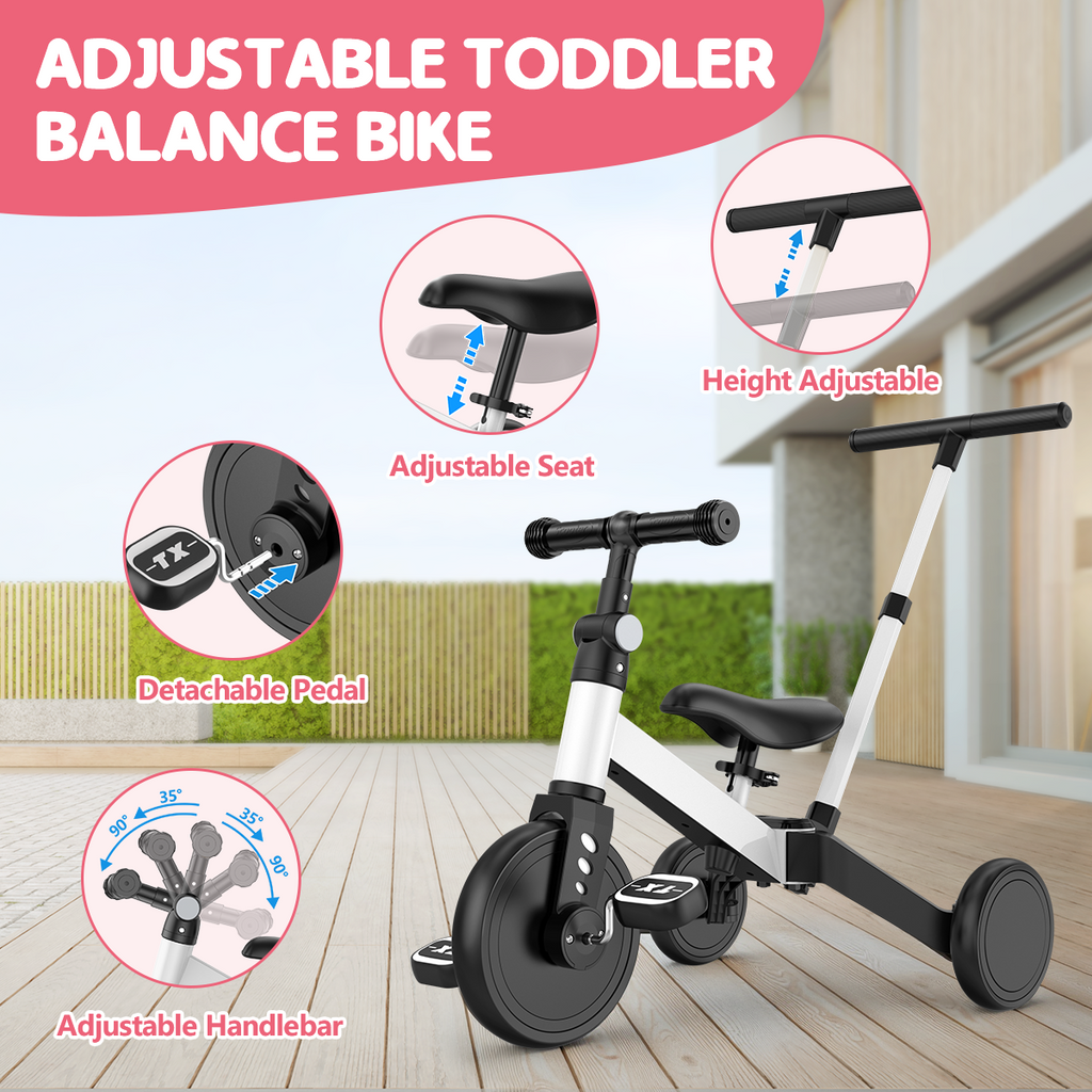 TNTANTS 4 in 1 Toddler Bike, Kids Tricycle for 1-5 Years Old, Toddler Tricycle for Boy Girl, Baby Balance Bike with Parent Steering Push Handle, Removable Pedal, Adjustable Seat White