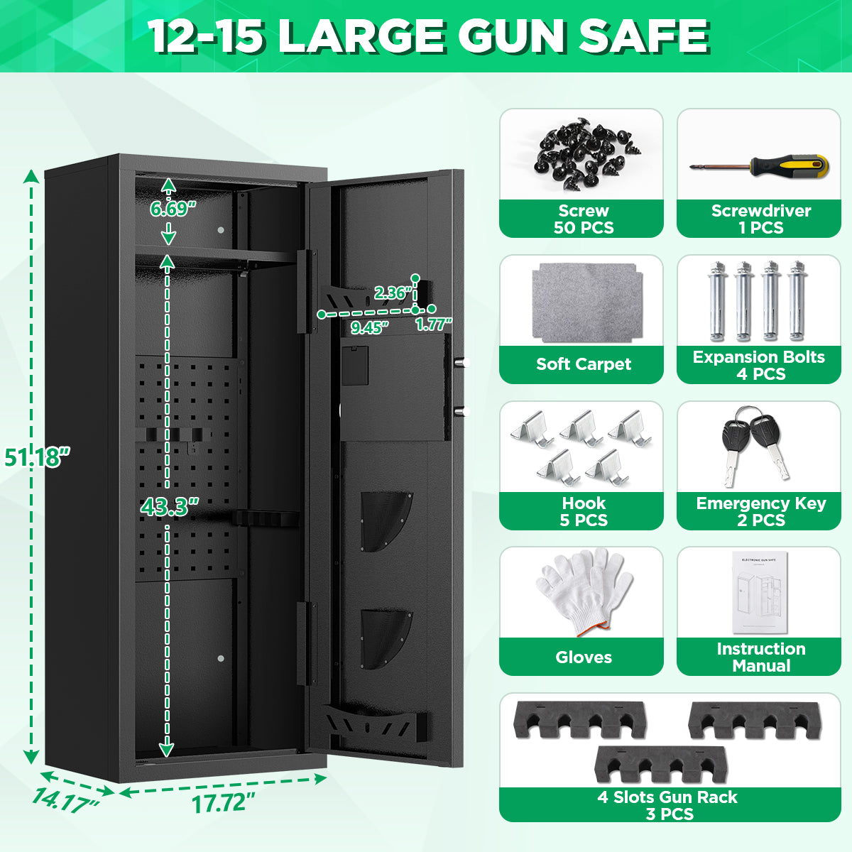 BESAFETY 12-15 Gun Cabinet, Quick Access Long Gun Safe for Home Rifles and Pistols, Large Unassembled Rifle Safe with Removable Shelves, Pegboard