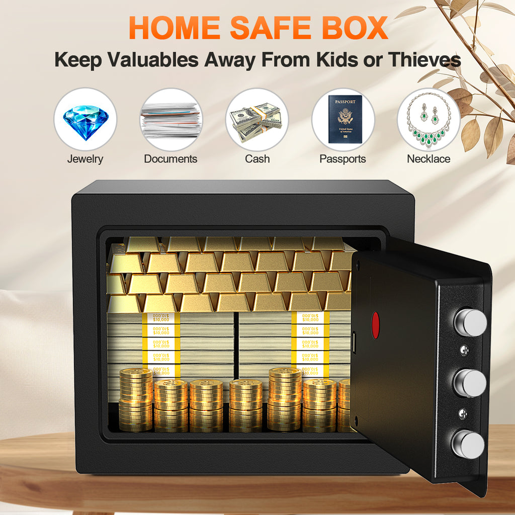 TNTANTS Electronic Digital Safe Box, 0.5 Cubic Feet Home Security Box for Office Hotel Business, Lock Box with Key Keypad for Cash Jewelry Black
