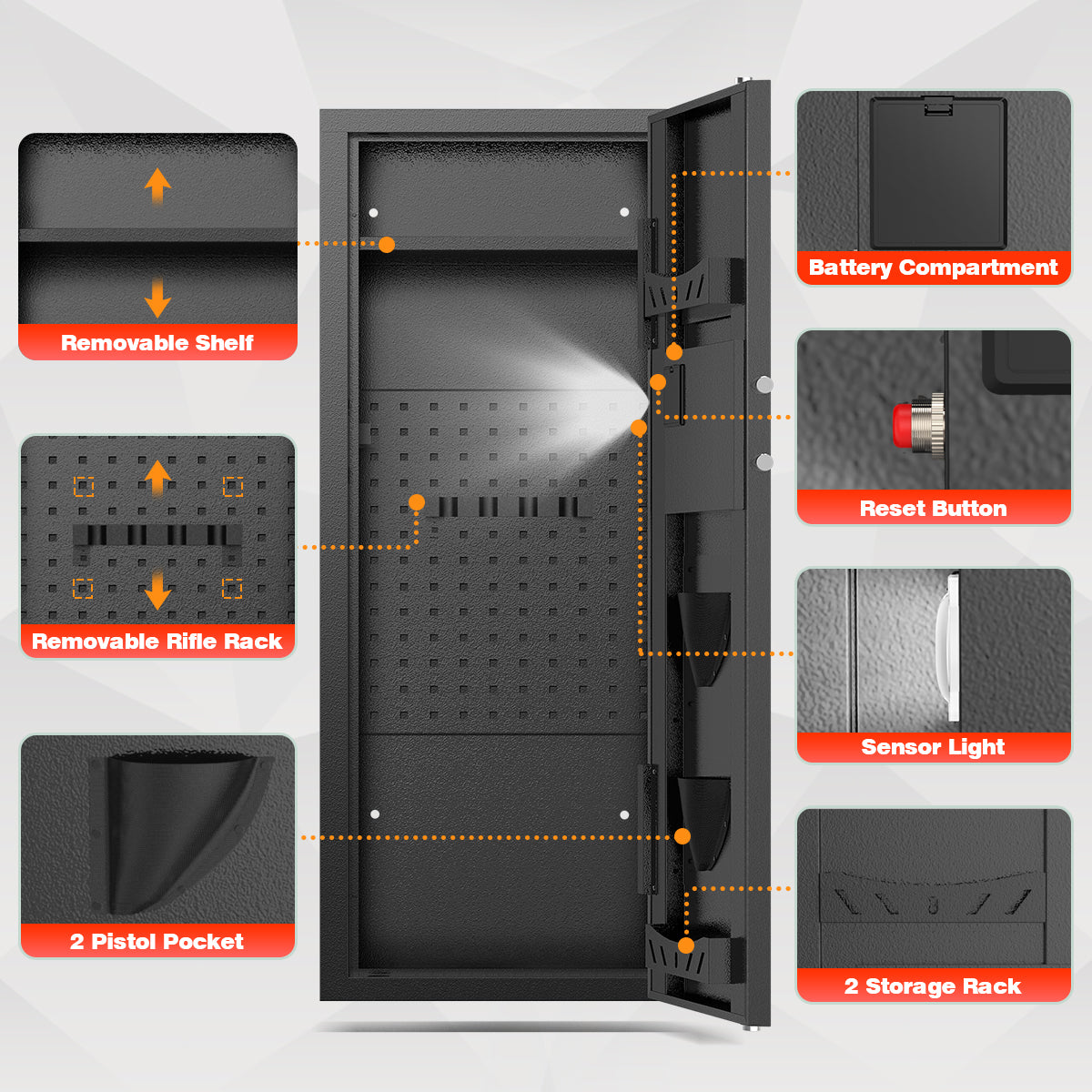 SYSENFO 12-15 Gun Cabinet, Quick Access Long Gun Safe for Home Rifles and Pistols, Large Unassembled Rifle Safe with Removable Shelves, Digital Keypad, Pegboard