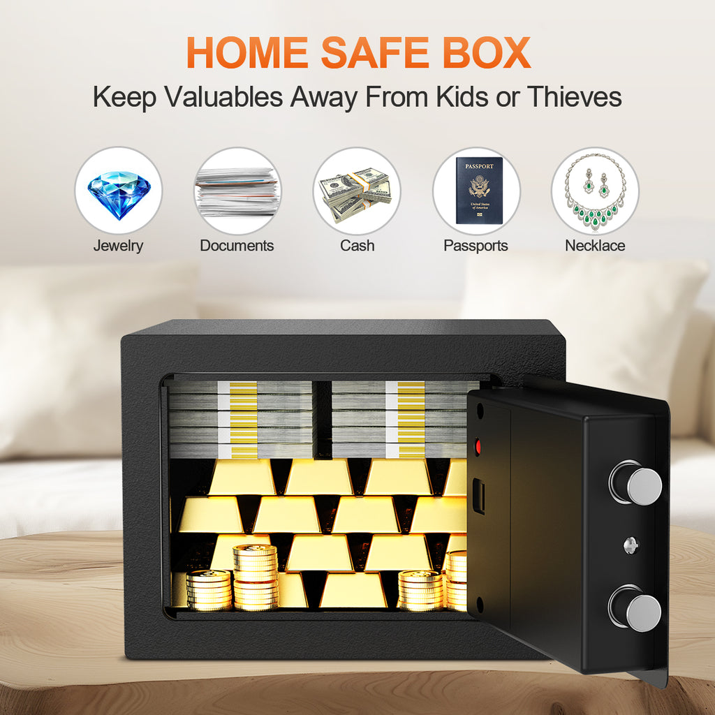 TNTANTS Electronic Digital Safe Box, 0.25 Cubic Feet Home Security Box for Office Hotel Business, Lock Box with Key Keypad for Cash Jewelry Black