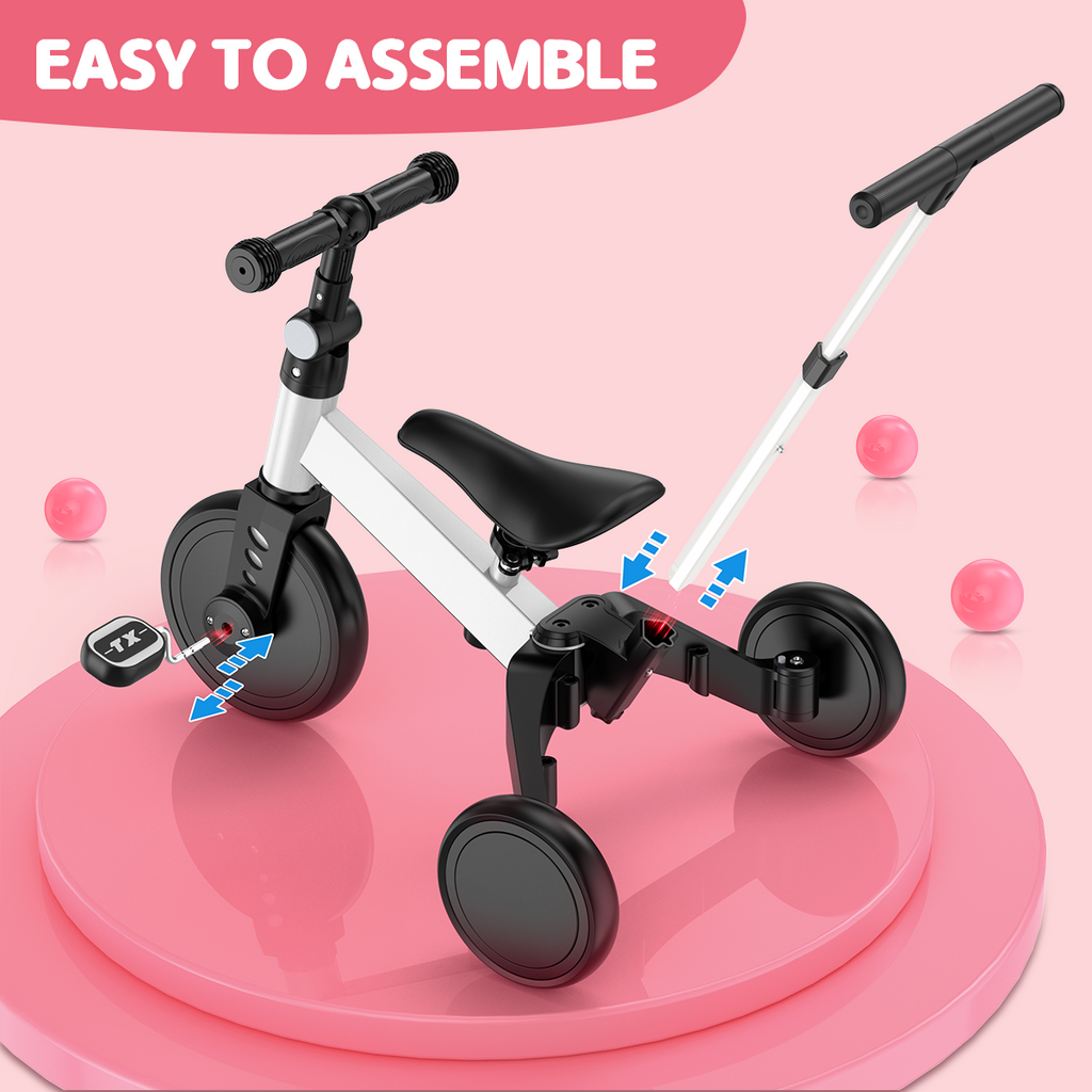 TNTANTS 4 in 1 Toddler Bike, Kids Tricycle for 1-5 Years Old, Toddler Tricycle for Boy Girl, Baby Balance Bike with Parent Steering Push Handle, Removable Pedal, Adjustable Seat White