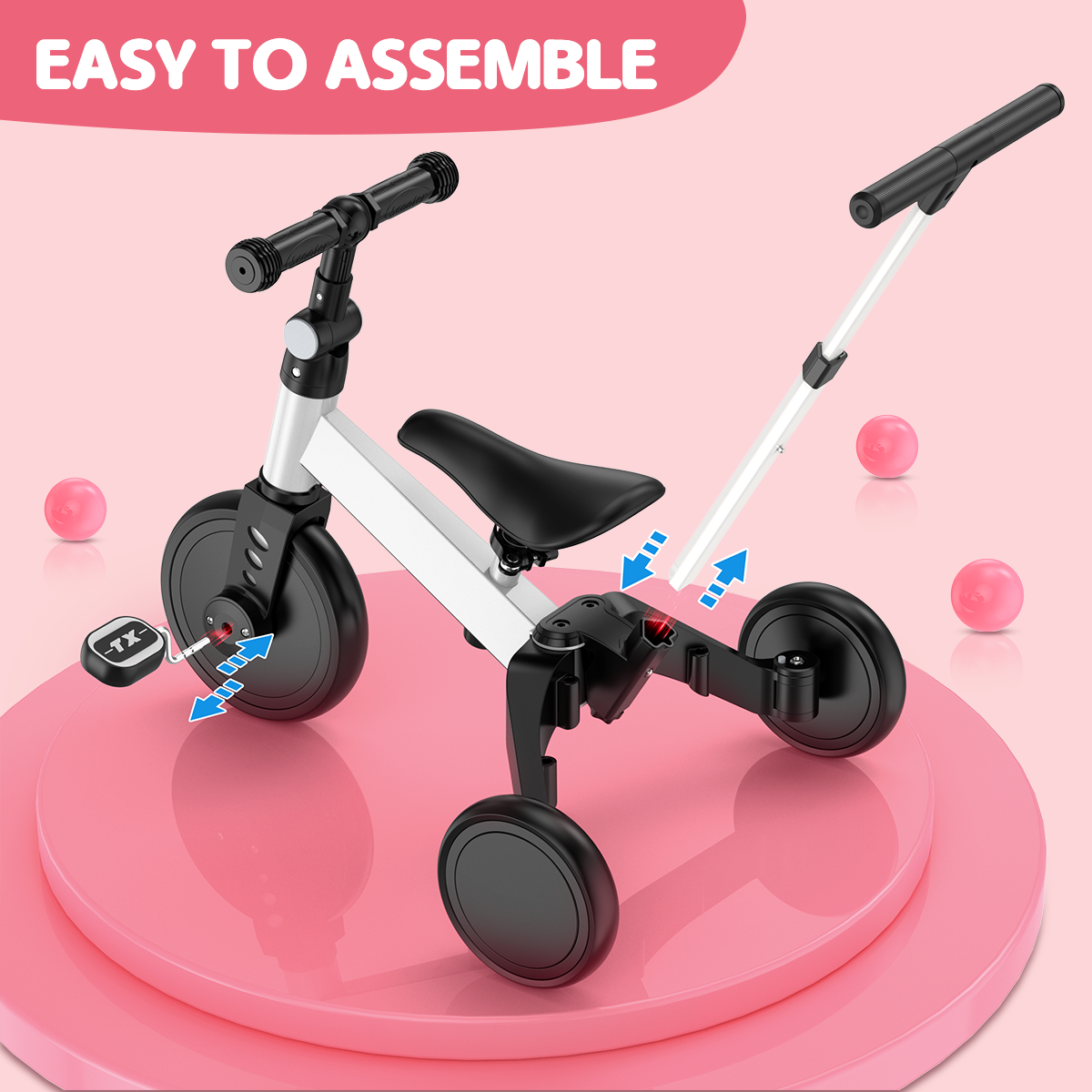 TNTANTS 4 in 1 Toddler Bike, Kids Tricycle for 1-5 Years Old, Toddler Tricycle for Boy Girl, Baby Balance Bike with Parent Steering Push Handle, Removable Pedal, Adjustable Seat White