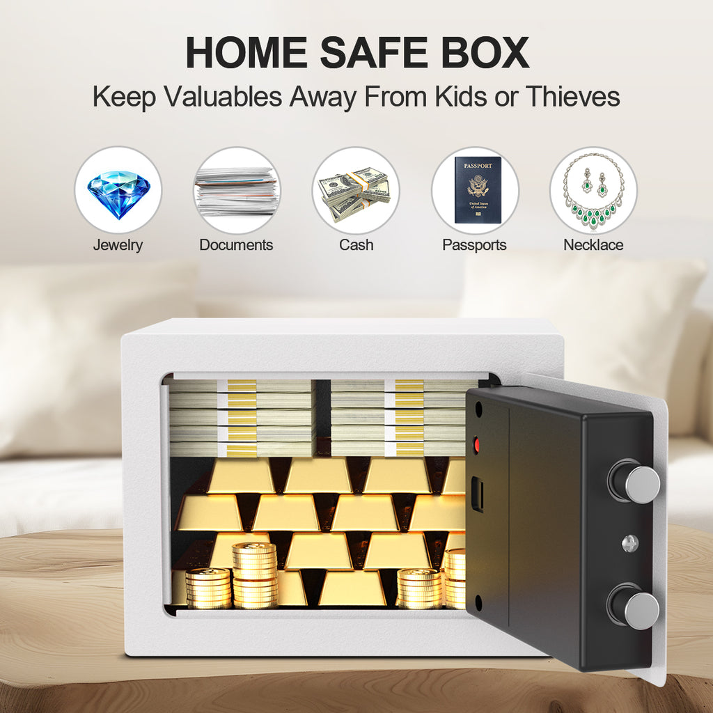 TNTANTS Electronic Digital Safe Box, 0.25 Cubic Feet Home Security Box for Office Hotel Business, Lock Box with Key Keypad for Cash Jewelry White