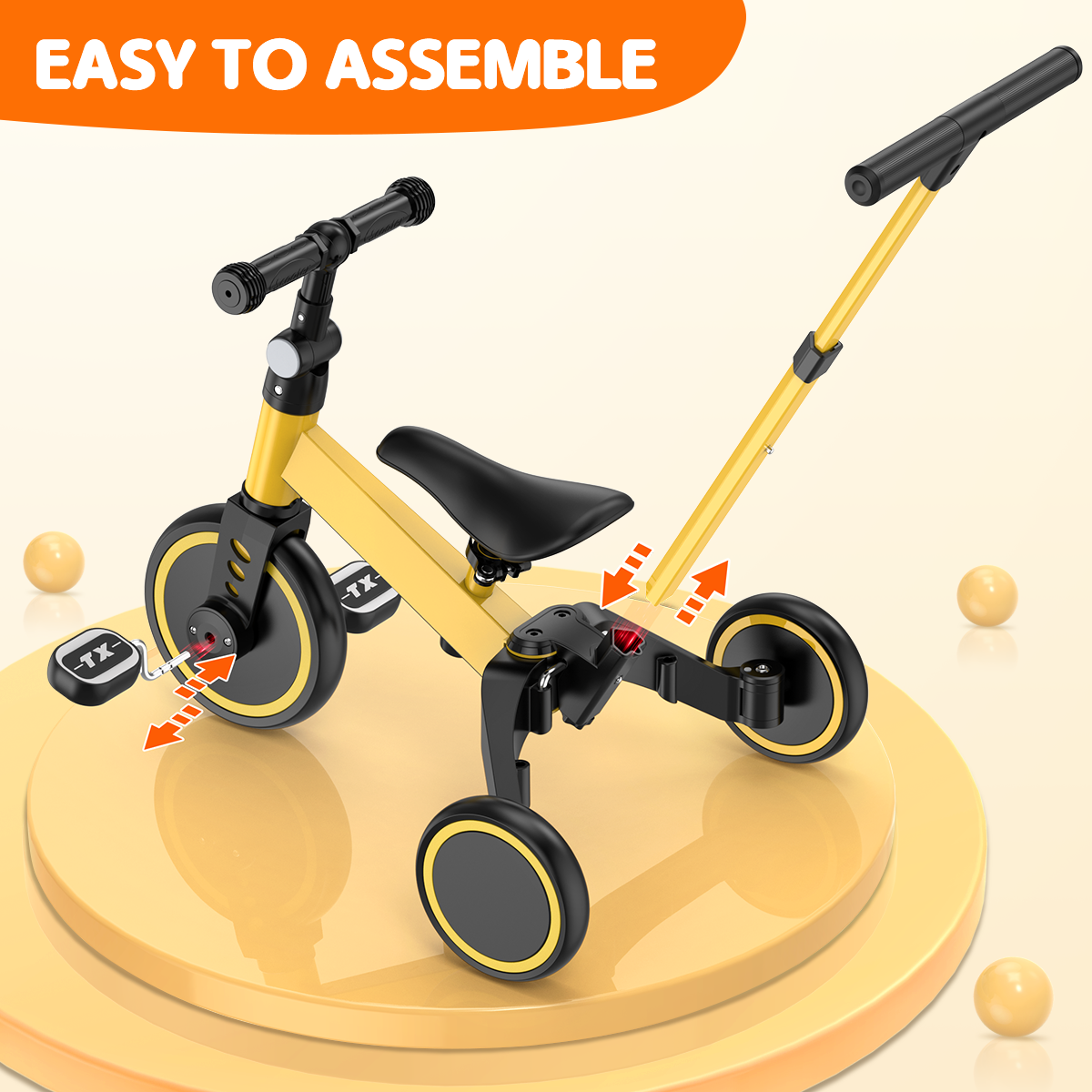 TNTANTS 4 in 1 Toddler Bike, Kids Tricycle for 1-5 Years Old, Toddler Tricycle for Boy Girl, Baby Balance Bike with Parent Steering Push Handle, Removable Pedal, Adjustable Seat Yellow