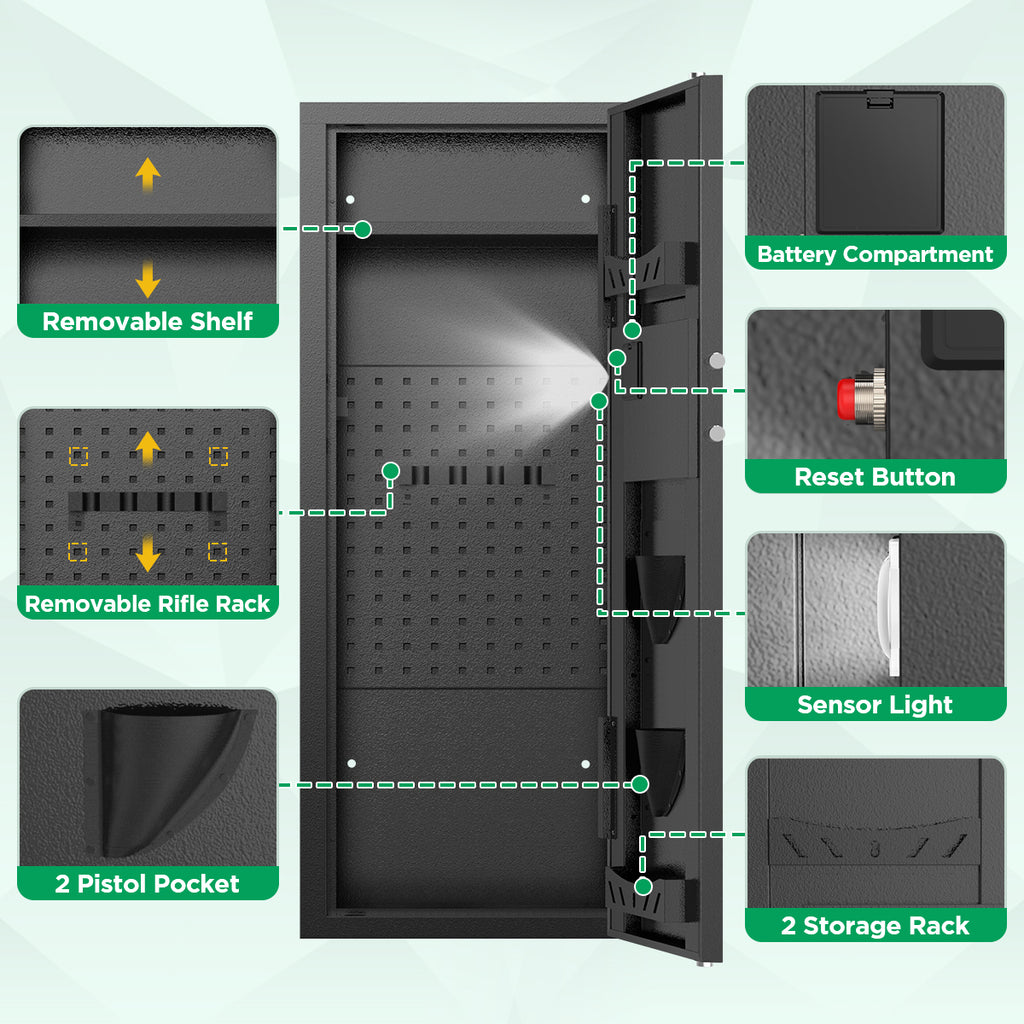 BESAFETY 12-15 Gun Cabinet, Quick Access Long Gun Safe for Home Rifles and Pistols, Large Unassembled Rifle Safe with Removable Shelves, Pegboard