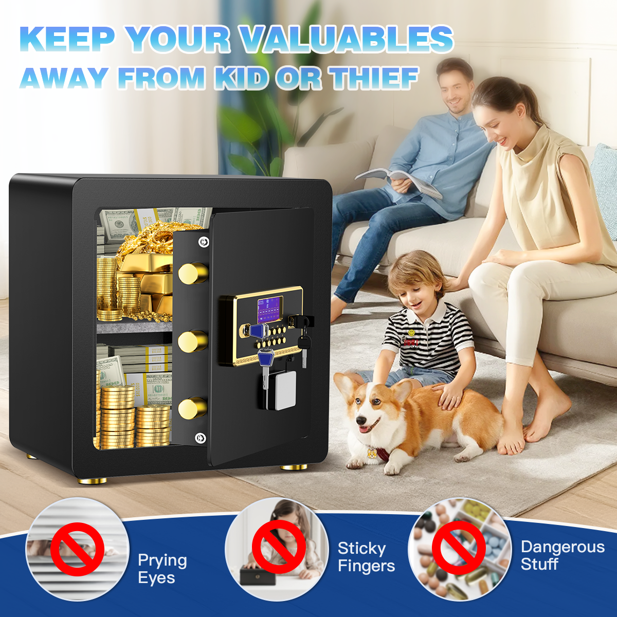 BESAFETY 2.5 Cuft Safe Box, Digital Keypad Home Security Safe With Fireproof Waterproof Bag & Adjustable Shelf