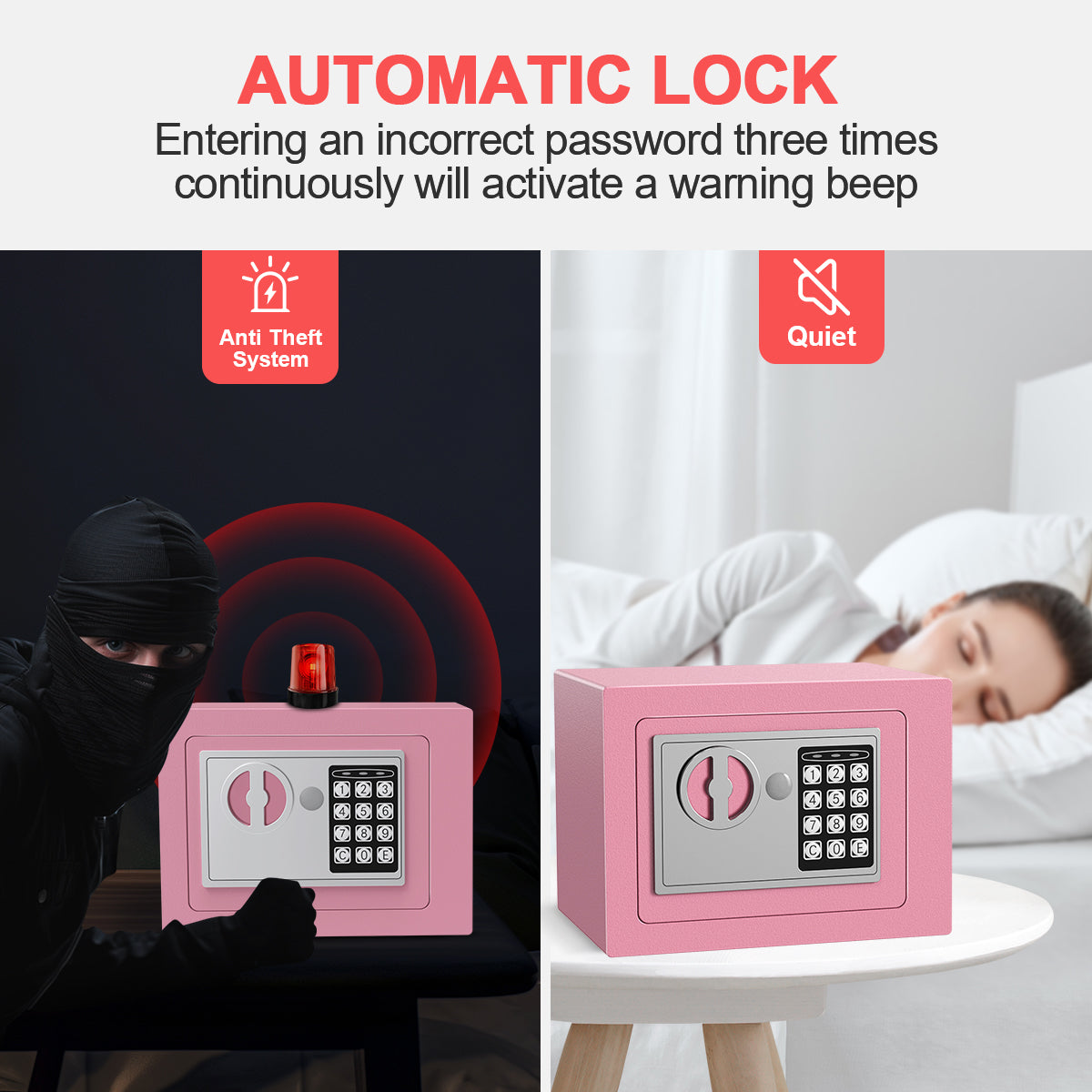 TNTANTS Electronic Digital Safe Box, 0.25 Cubic Feet Home Security Box for Office Hotel Business, Lock Box with Key Keypad for Cash Jewelry Pink