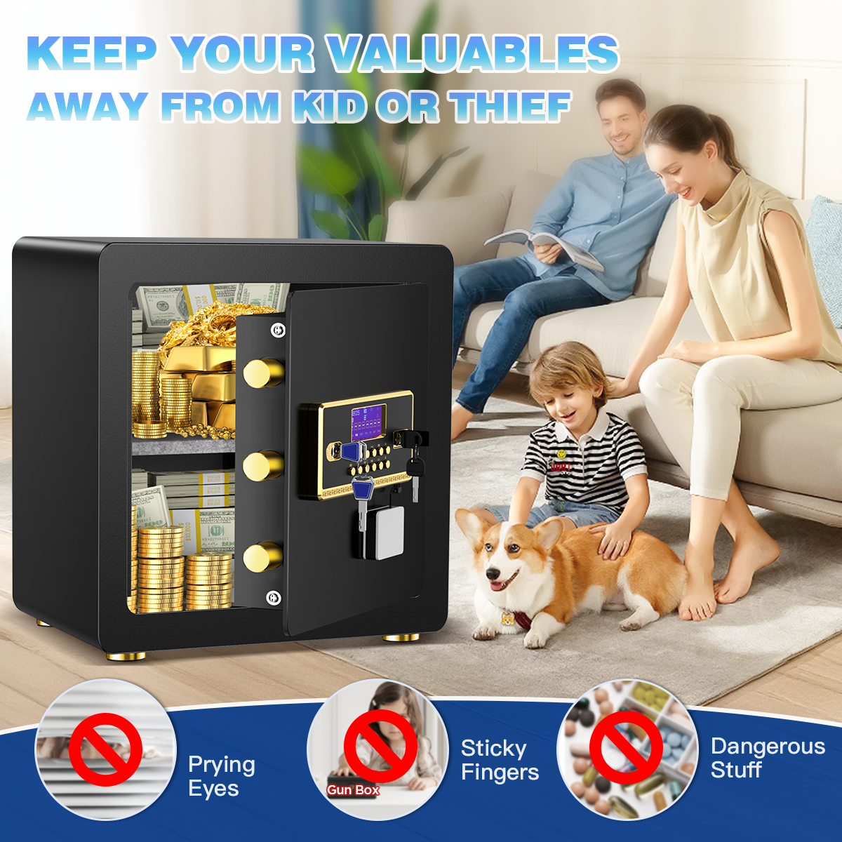 SYSENFO 2.5 Cuft Safe Box, Digital Keypad Home Security Safe With Fireproof Waterproof Bag & Adjustable Shelf