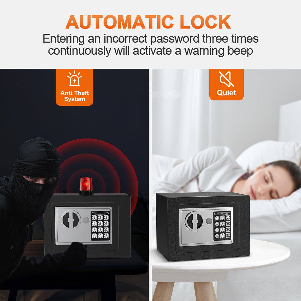TNTANTS Electronic Digital Safe Box, 0.25 Cubic Feet Home Security Box for Office Hotel Business, Lock Box with Key Keypad for Cash Jewelry Black