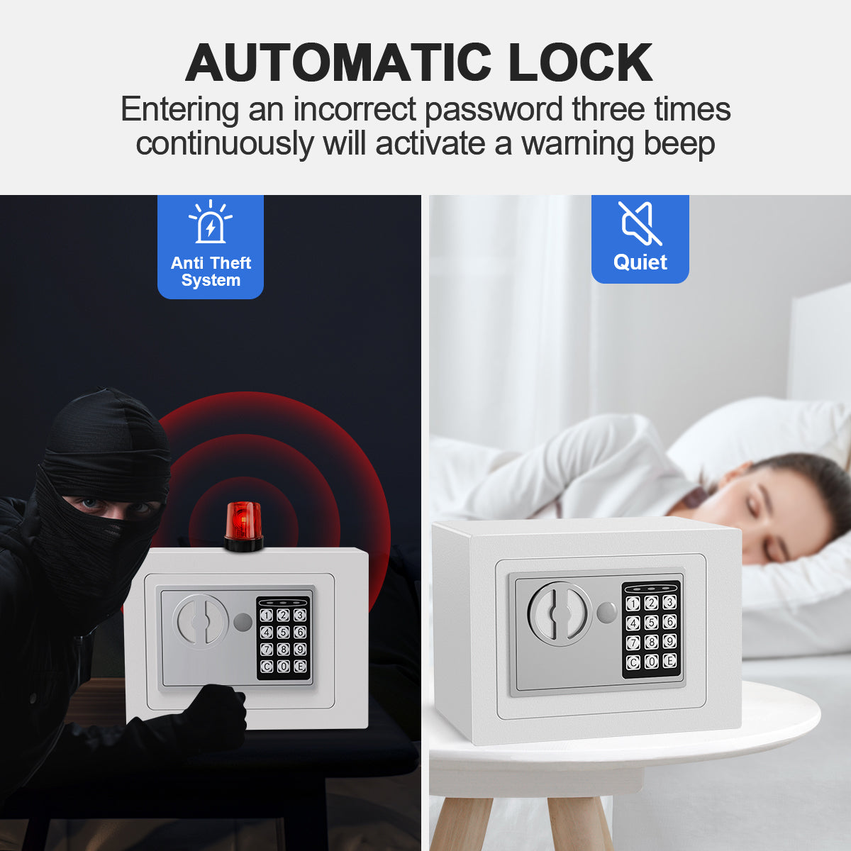 TNTANTS Electronic Digital Safe Box, 0.25 Cubic Feet Home Security Box for Office Hotel Business, Lock Box with Key Keypad for Cash Jewelry White