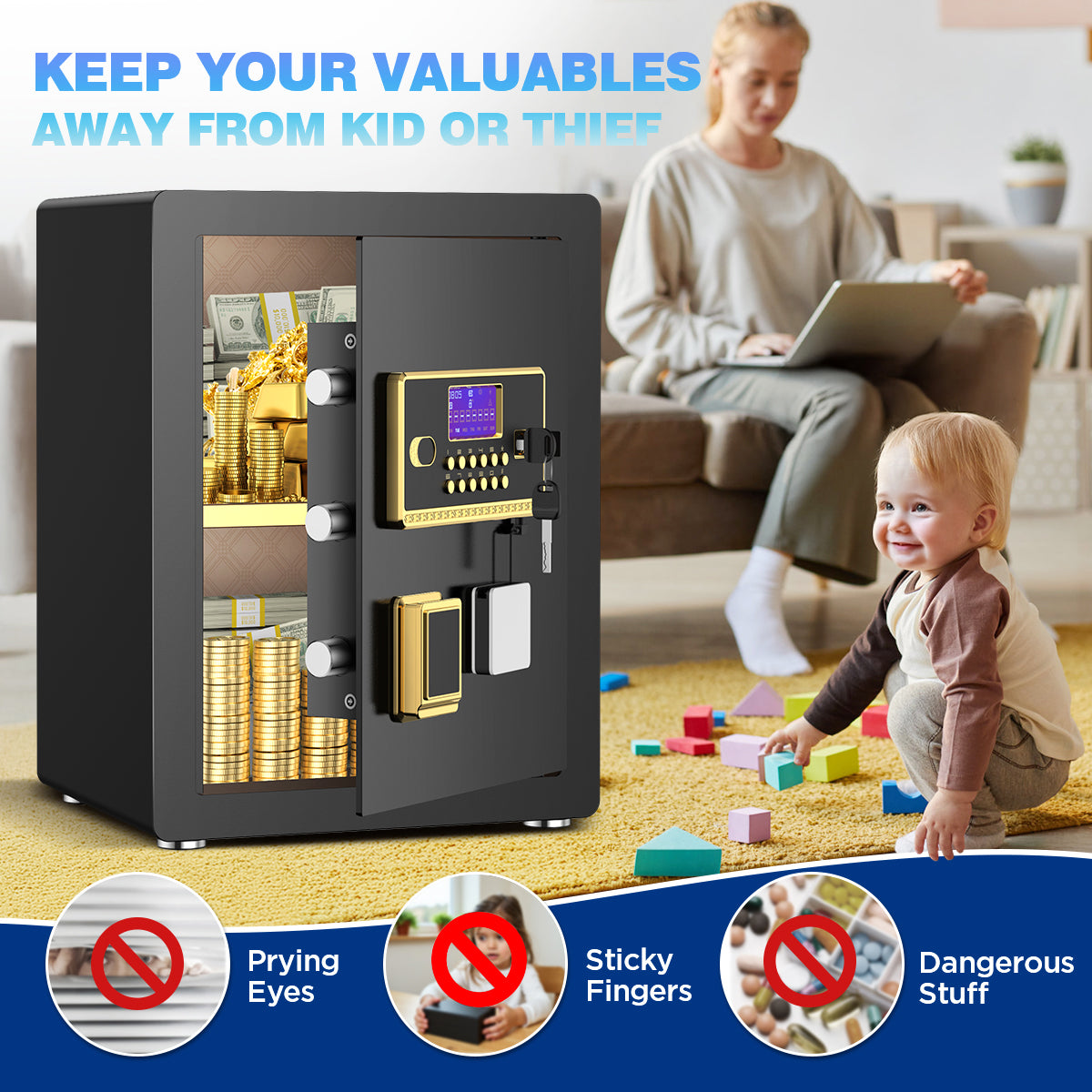 Gemaisil 3.5 Cuft Safe Box for Home & Office, Digital Keypad Home Security Safe With Fireproof Waterproof Bag & Adjustable Shelf(Black)