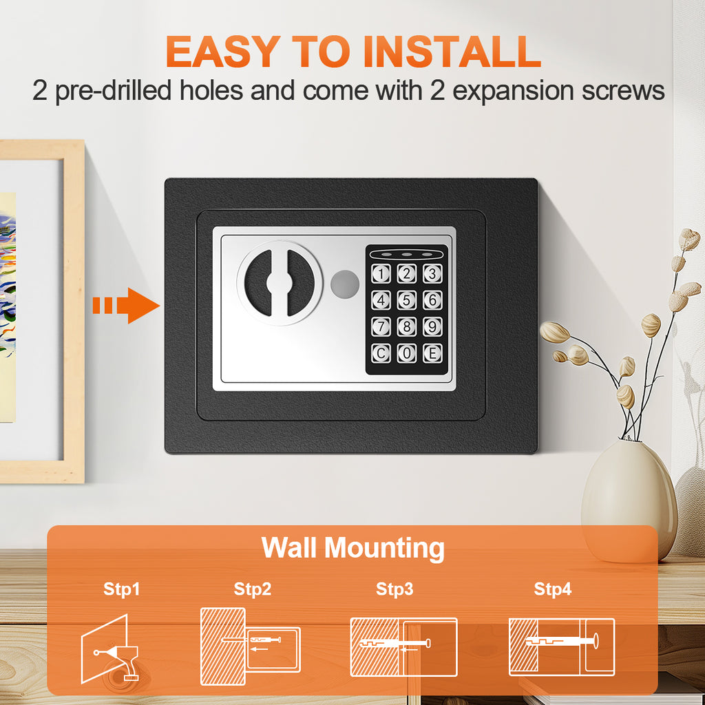 TNTANTS Electronic Digital Safe Box, 0.25 Cubic Feet Home Security Box for Office Hotel Business, Lock Box with Key Keypad for Cash Jewelry Black