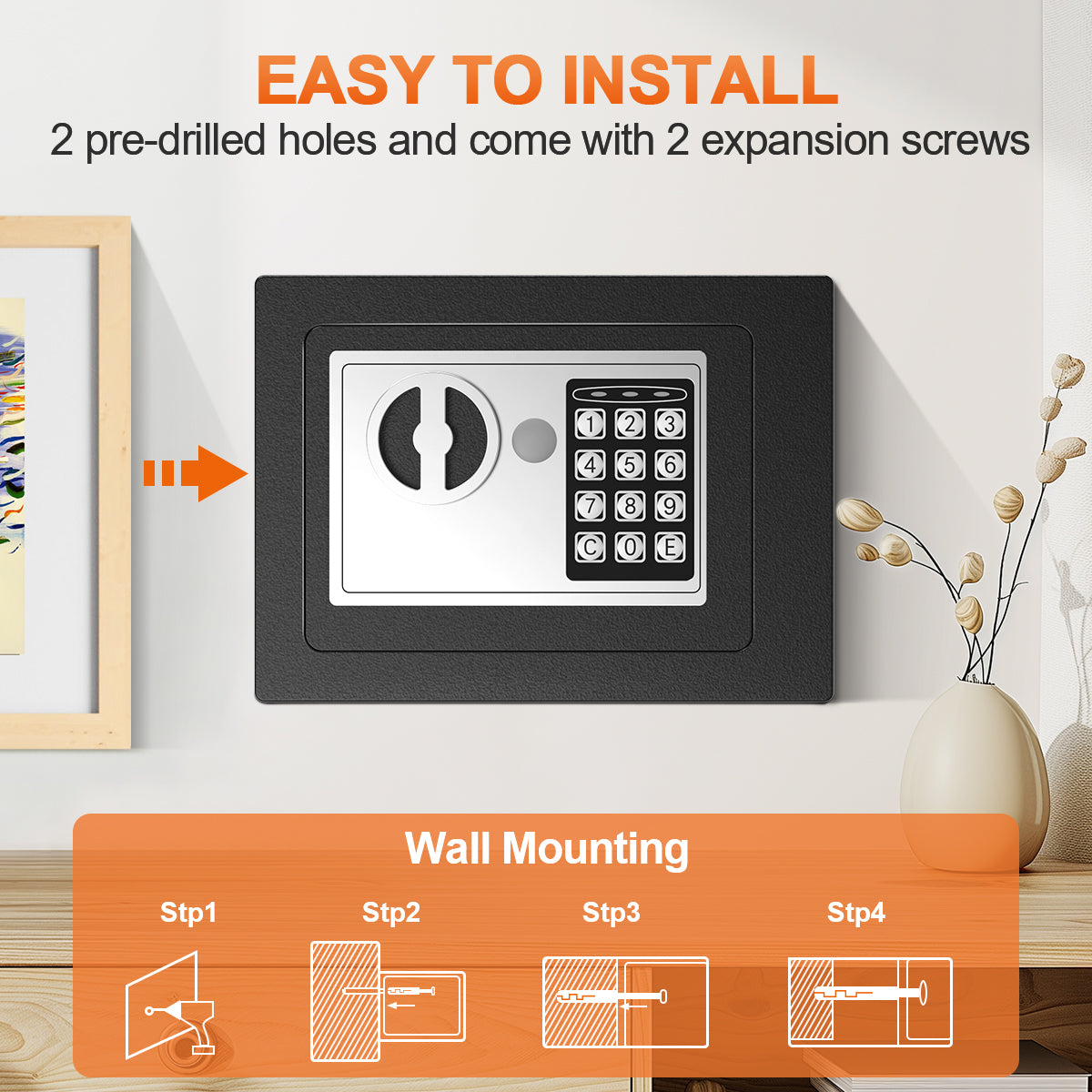 TNTANTS Electronic Digital Safe Box, 0.25 Cubic Feet Home Security Box for Office Hotel Business, Lock Box with Key Keypad for Cash Jewelry Black