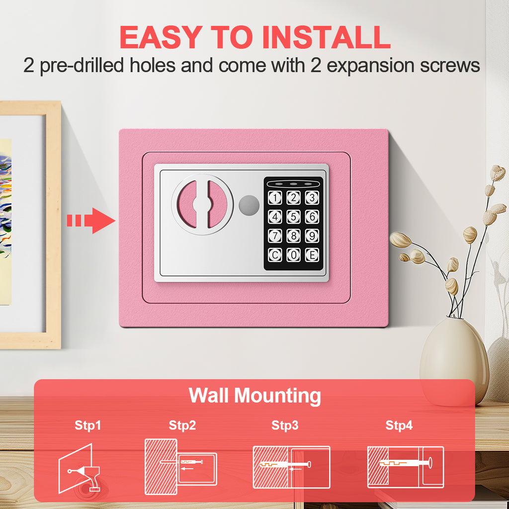 TNTANTS Electronic Digital Safe Box, 0.25 Cubic Feet Home Security Box for Office Hotel Business, Lock Box with Key Keypad for Cash Jewelry Pink
