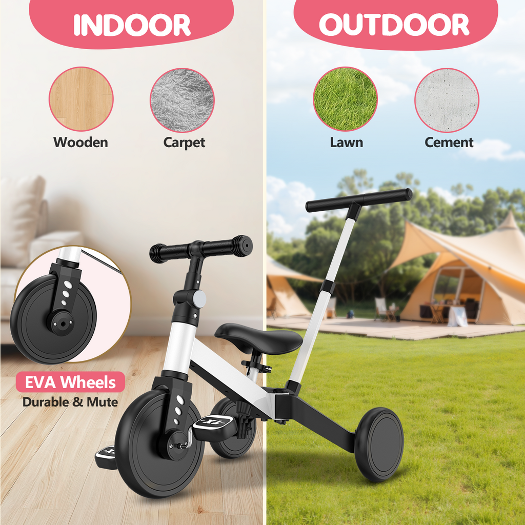 TNTANTS 4 in 1 Toddler Bike, Kids Tricycle for 1-5 Years Old, Toddler Tricycle for Boy Girl, Baby Balance Bike with Parent Steering Push Handle, Removable Pedal, Adjustable Seat White