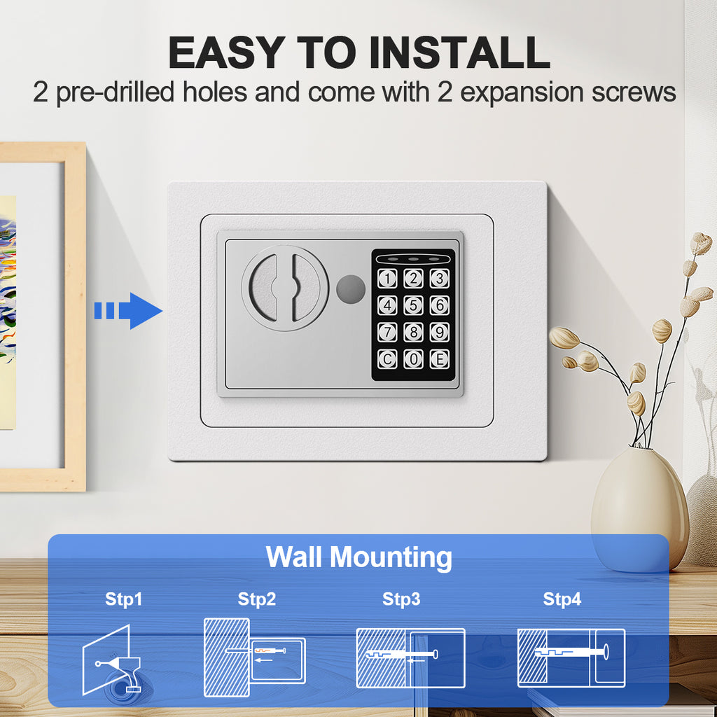 TNTANTS Electronic Digital Safe Box, 0.25 Cubic Feet Home Security Box for Office Hotel Business, Lock Box with Key Keypad for Cash Jewelry White