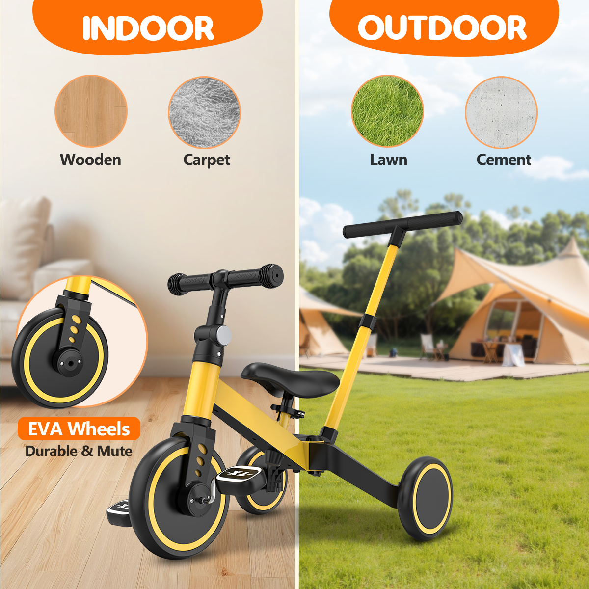TNTANTS 4 in 1 Toddler Bike, Kids Tricycle for 1-5 Years Old, Toddler Tricycle for Boy Girl, Baby Balance Bike with Parent Steering Push Handle, Removable Pedal, Adjustable Seat Yellow
