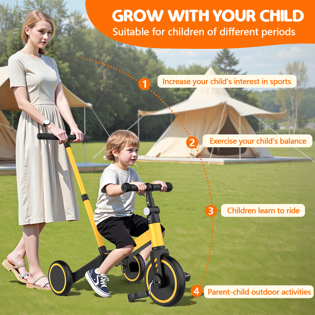 TNTANTS 4 in 1 Toddler Bike, Kids Tricycle for 1-5 Years Old, Toddler Tricycle for Boy Girl, Baby Balance Bike with Parent Steering Push Handle, Removable Pedal, Adjustable Seat Yellow