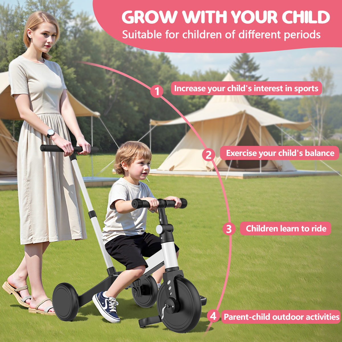 TNTANTS 4 in 1 Toddler Bike, Kids Tricycle for 1-5 Years Old, Toddler Tricycle for Boy Girl, Baby Balance Bike with Parent Steering Push Handle, Removable Pedal, Adjustable Seat White