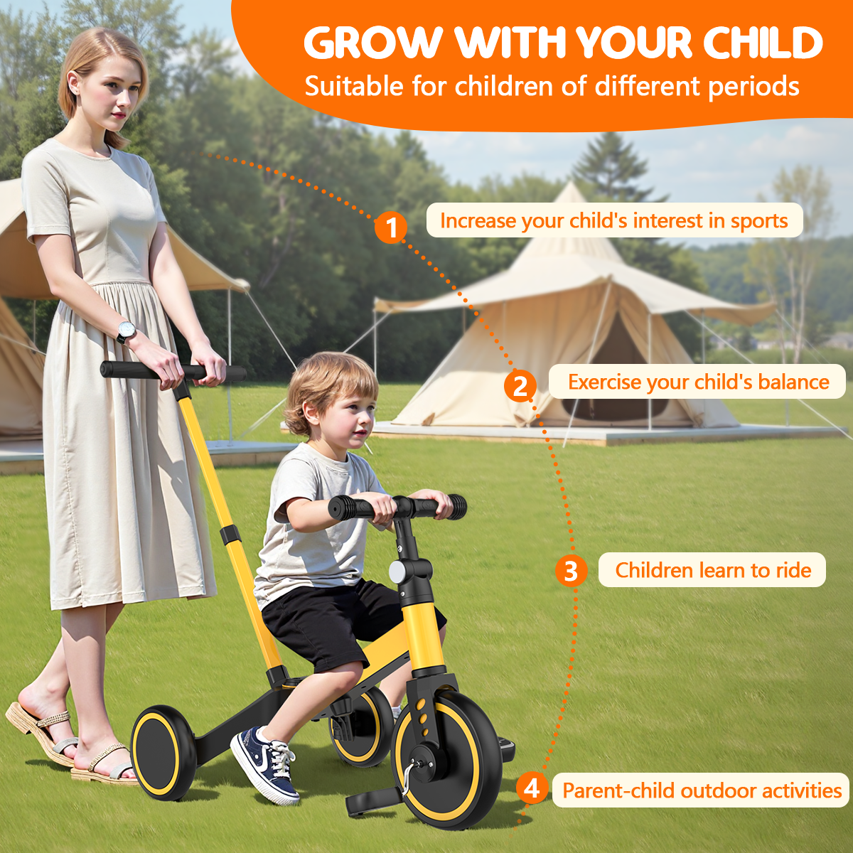 TNTANTS 4 in 1 Toddler Bike, Kids Tricycle for 1-5 Years Old, Toddler Tricycle for Boy Girl, Baby Balance Bike with Parent Steering Push Handle, Removable Pedal, Adjustable Seat Yellow