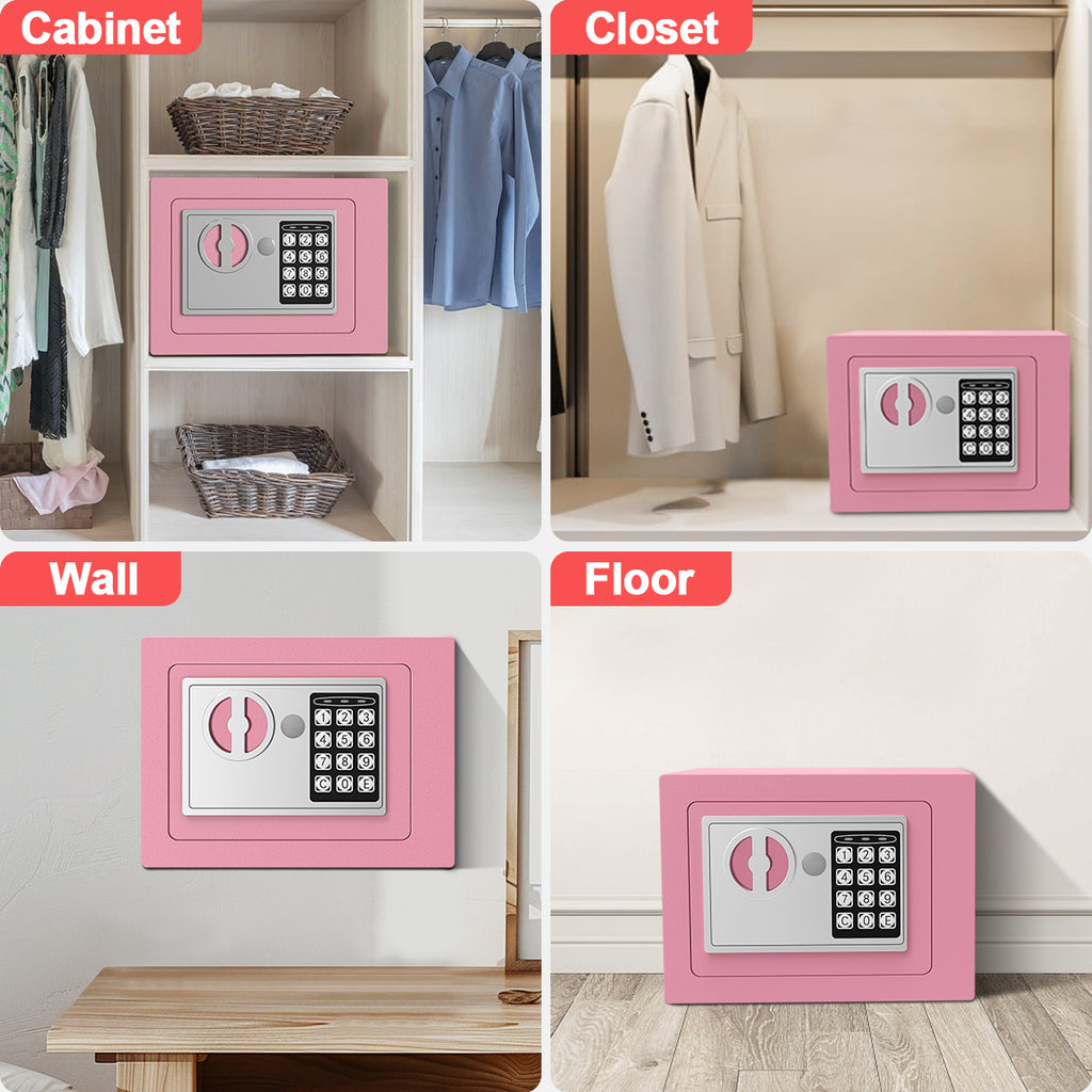 TNTANTS Electronic Digital Safe Box, 0.25 Cubic Feet Home Security Box for Office Hotel Business, Lock Box with Key Keypad for Cash Jewelry Pink