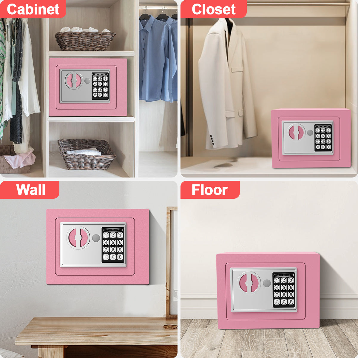 TNTANTS Electronic Digital Safe Box, 0.25 Cubic Feet Home Security Box for Office Hotel Business, Lock Box with Key Keypad for Cash Jewelry Pink