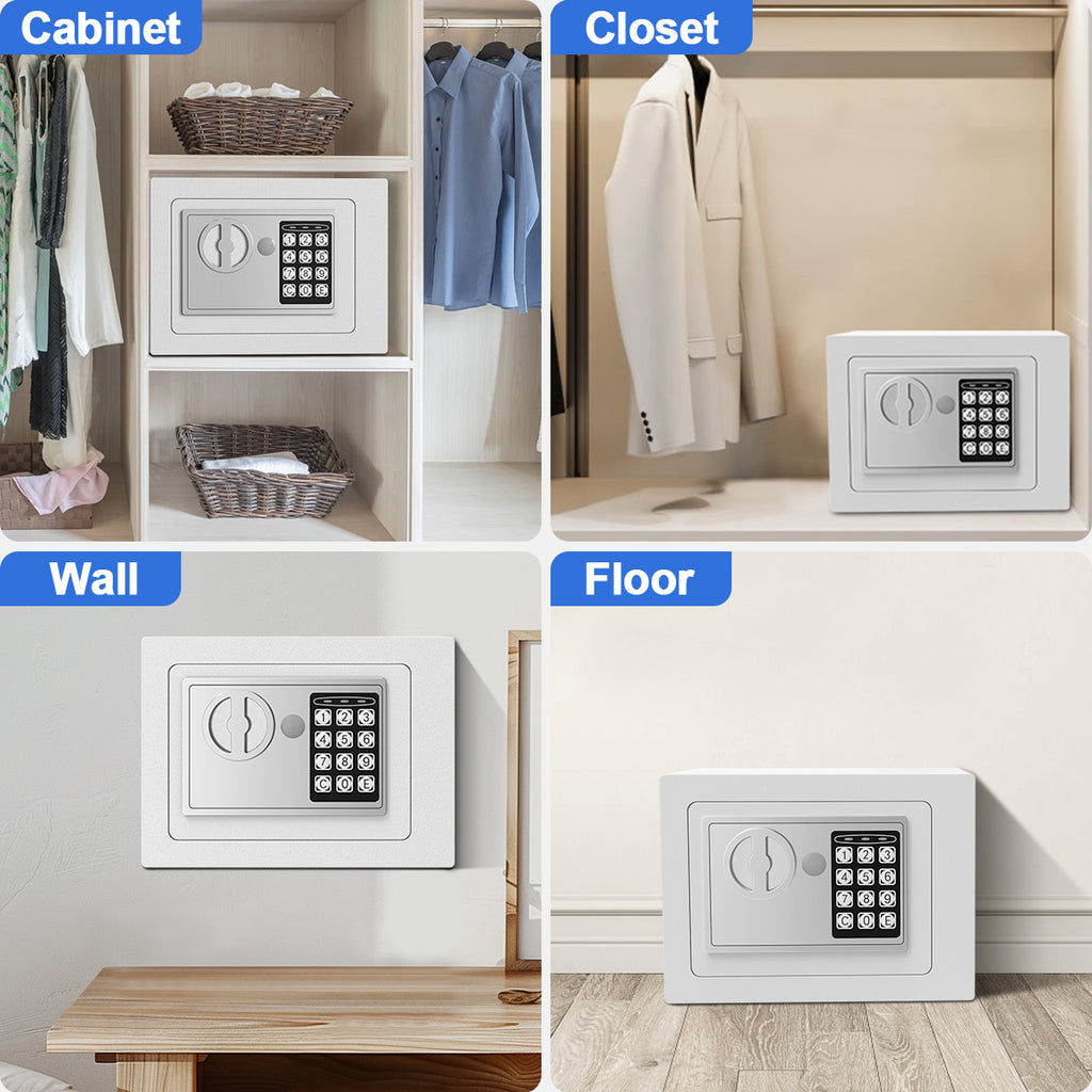 TNTANTS Electronic Digital Safe Box, 0.25 Cubic Feet Home Security Box for Office Hotel Business, Lock Box with Key Keypad for Cash Jewelry White