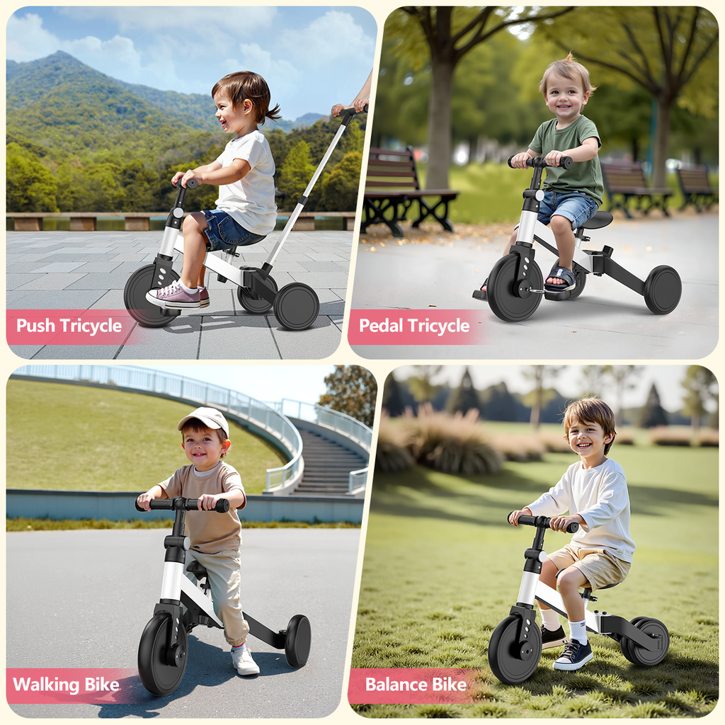 TNTANTS 4 in 1 Toddler Bike, Kids Tricycle for 1-5 Years Old, Toddler Tricycle for Boy Girl, Baby Balance Bike with Parent Steering Push Handle, Removable Pedal, Adjustable Seat White