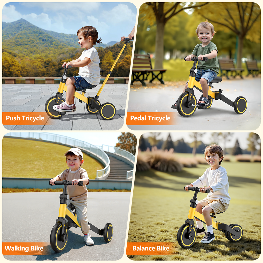TNTANTS 4 in 1 Toddler Bike, Kids Tricycle for 1-5 Years Old, Toddler Tricycle for Boy Girl, Baby Balance Bike with Parent Steering Push Handle, Removable Pedal, Adjustable Seat Yellow